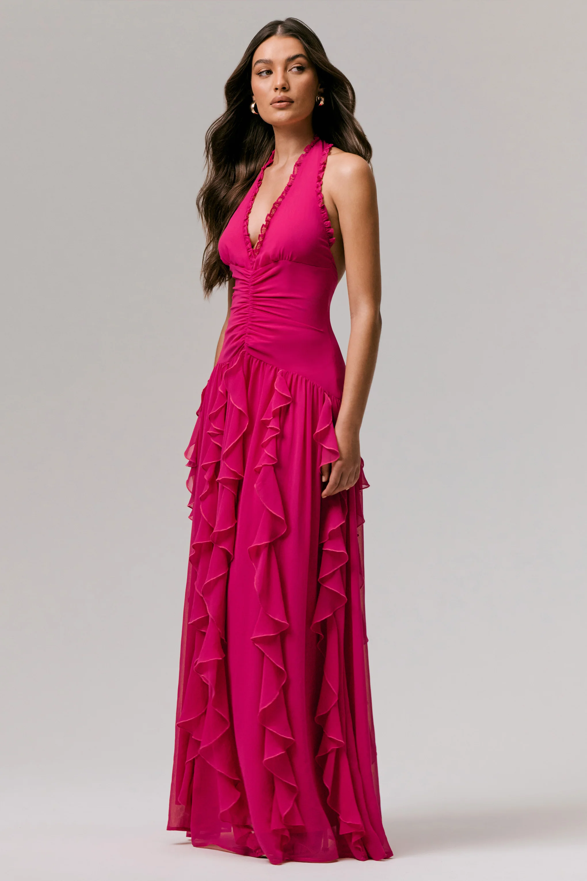 Bea | Hot Pink Plunge-Neck Ruffled Maxi Dress