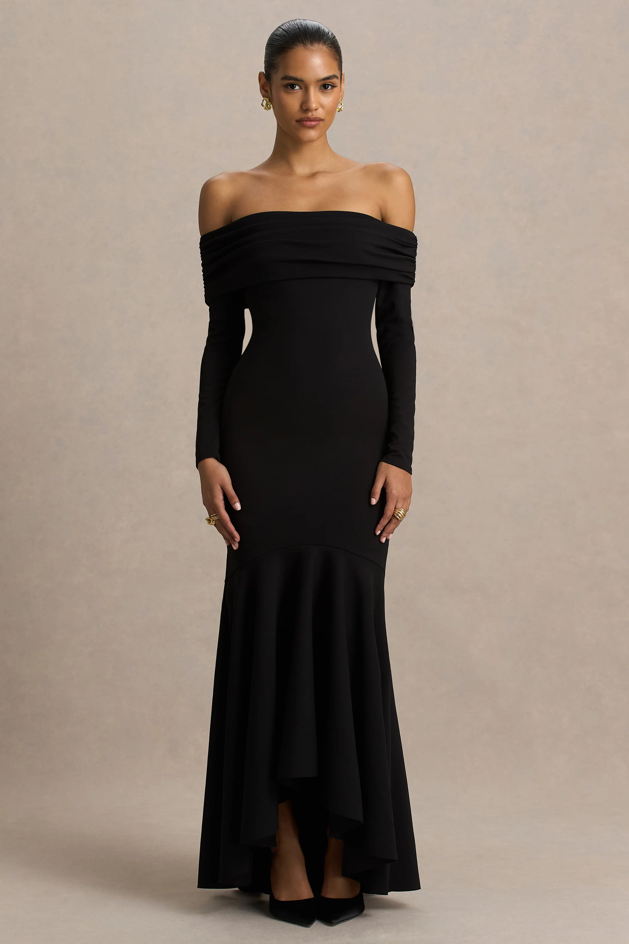 Everlasting | Black Bardot-Neck Maxi Dress With Drop Waist