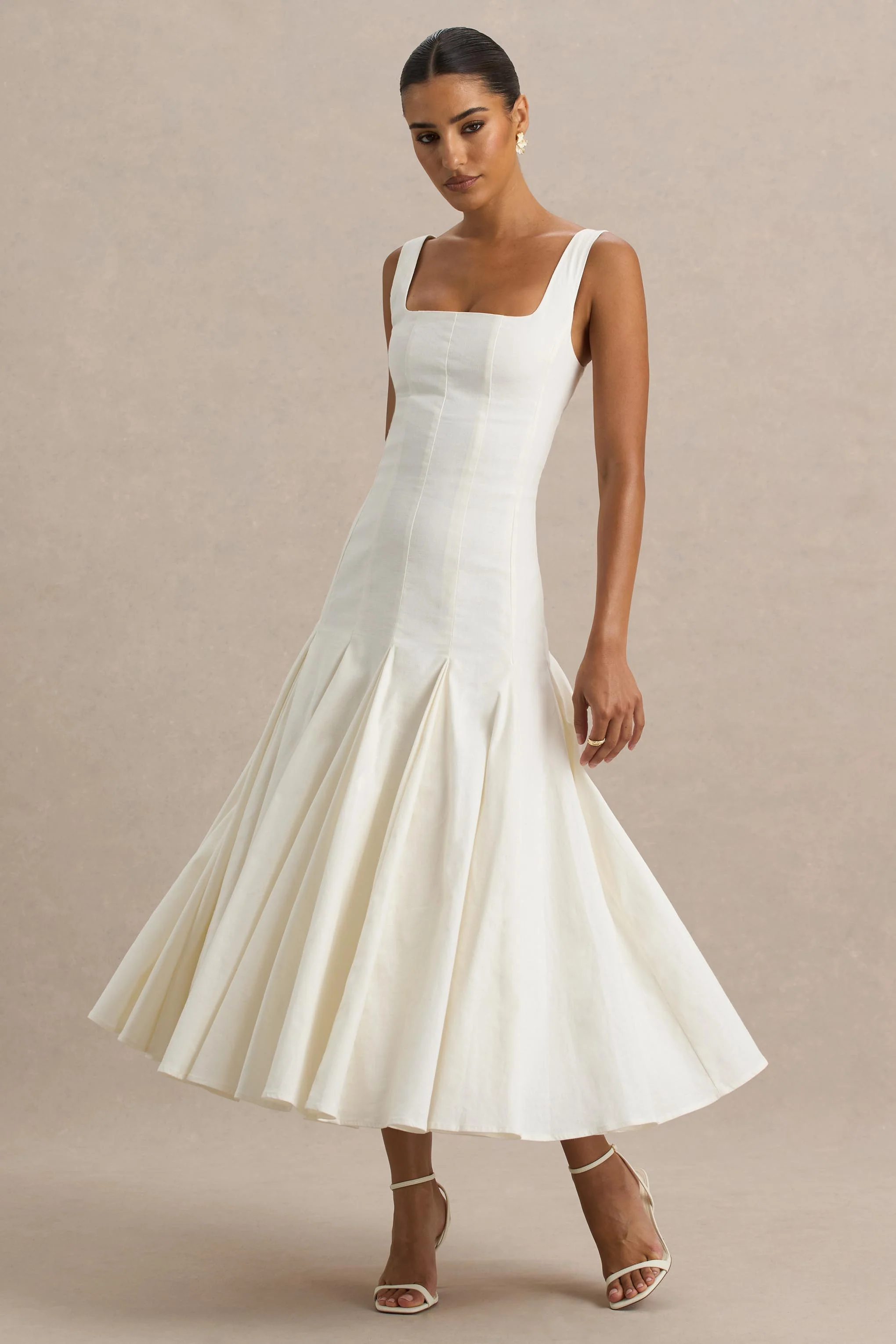 Magnolia | White Scoop-Neck Midi Dress With Drop-Waist And Ruffling Detail