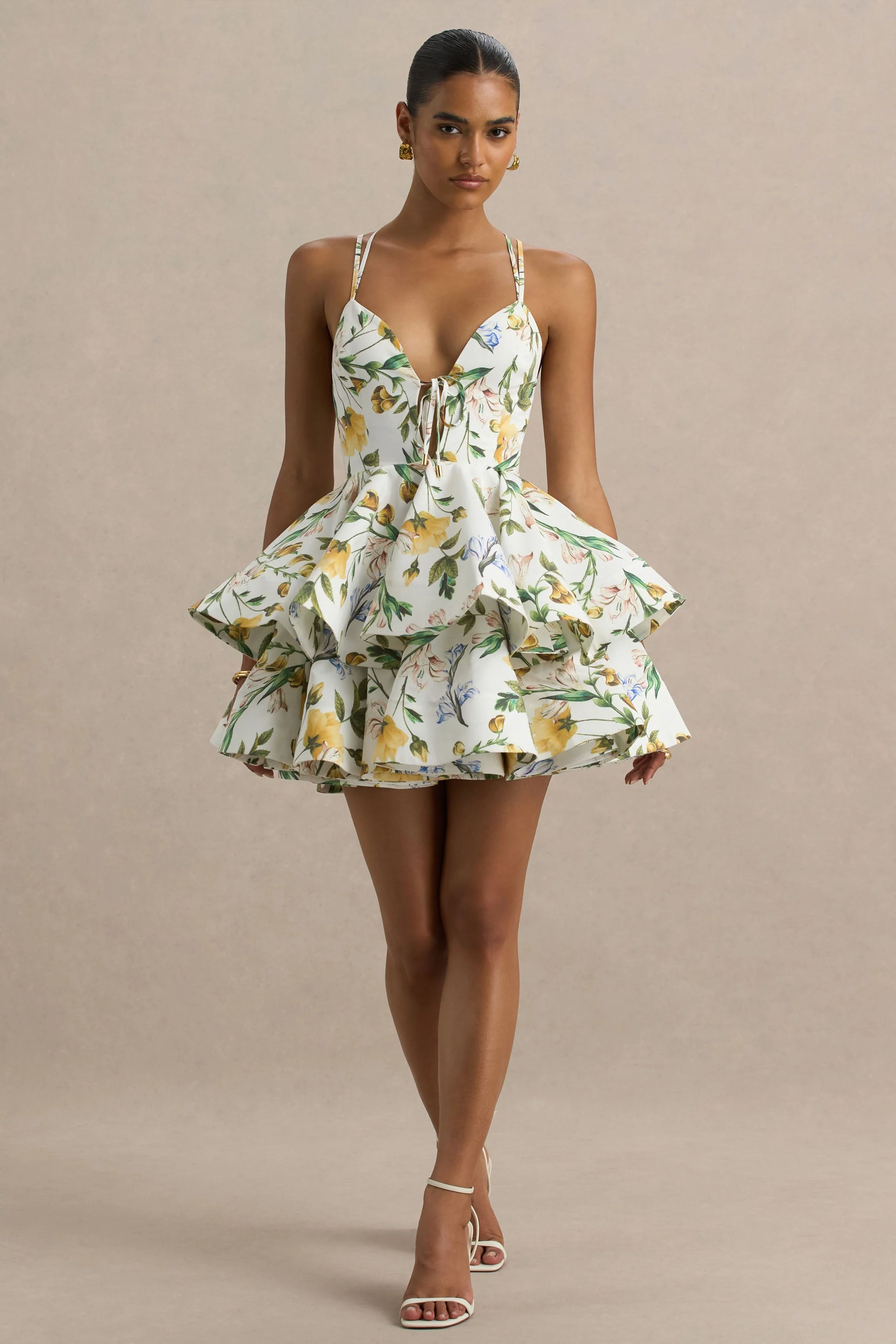 Flavia | White Botanical Print Linen Plunge-Neck Ruffled Skater Micro-Mini Dress