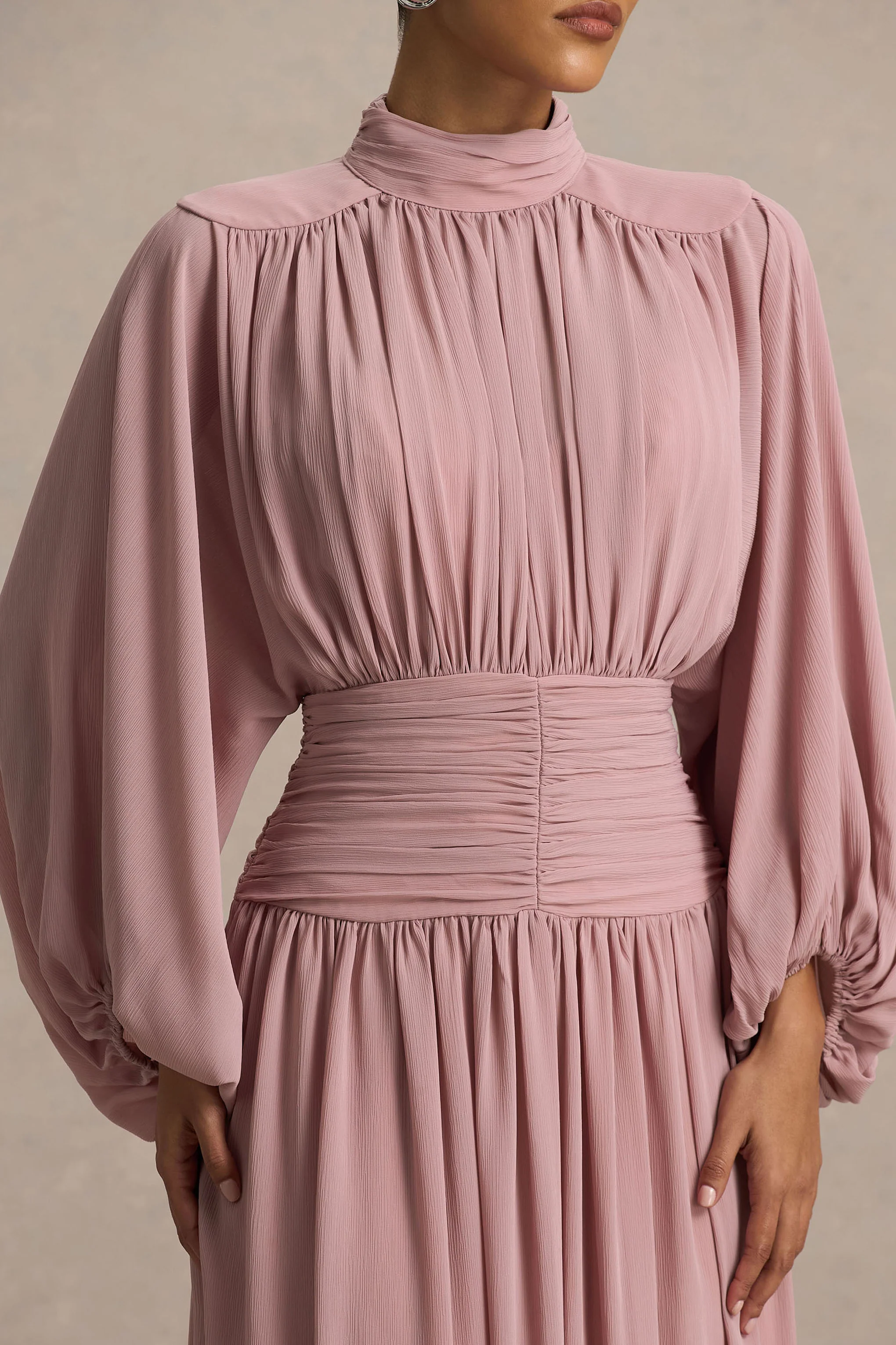 Annabel | Dusty Pink High-Neck Midi Dress With Drop-Waist And Pleated Detailing