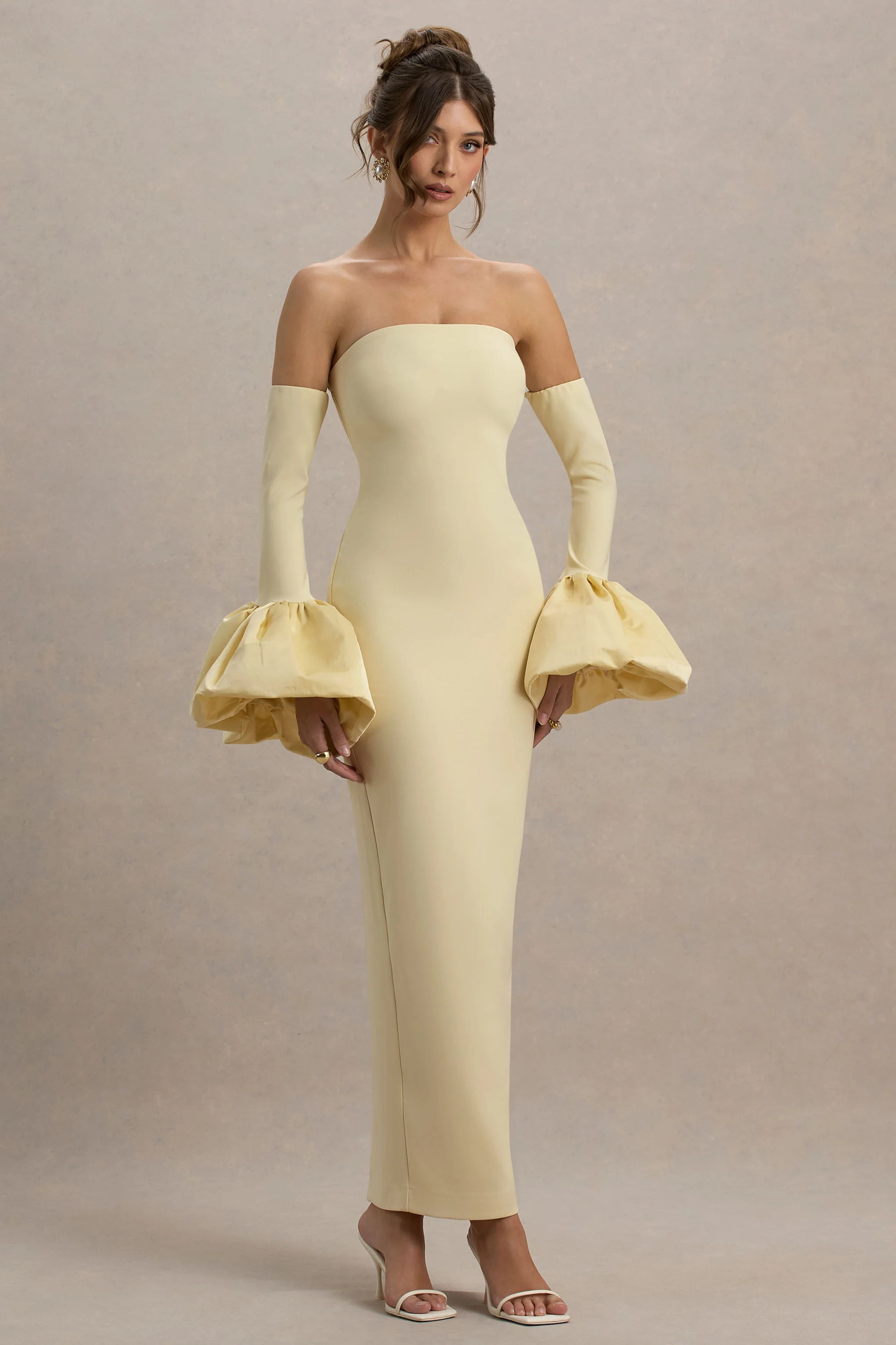 Myah | Lemon Bandeau Long-Sleeve Maxi Dress With Puff Cuffs