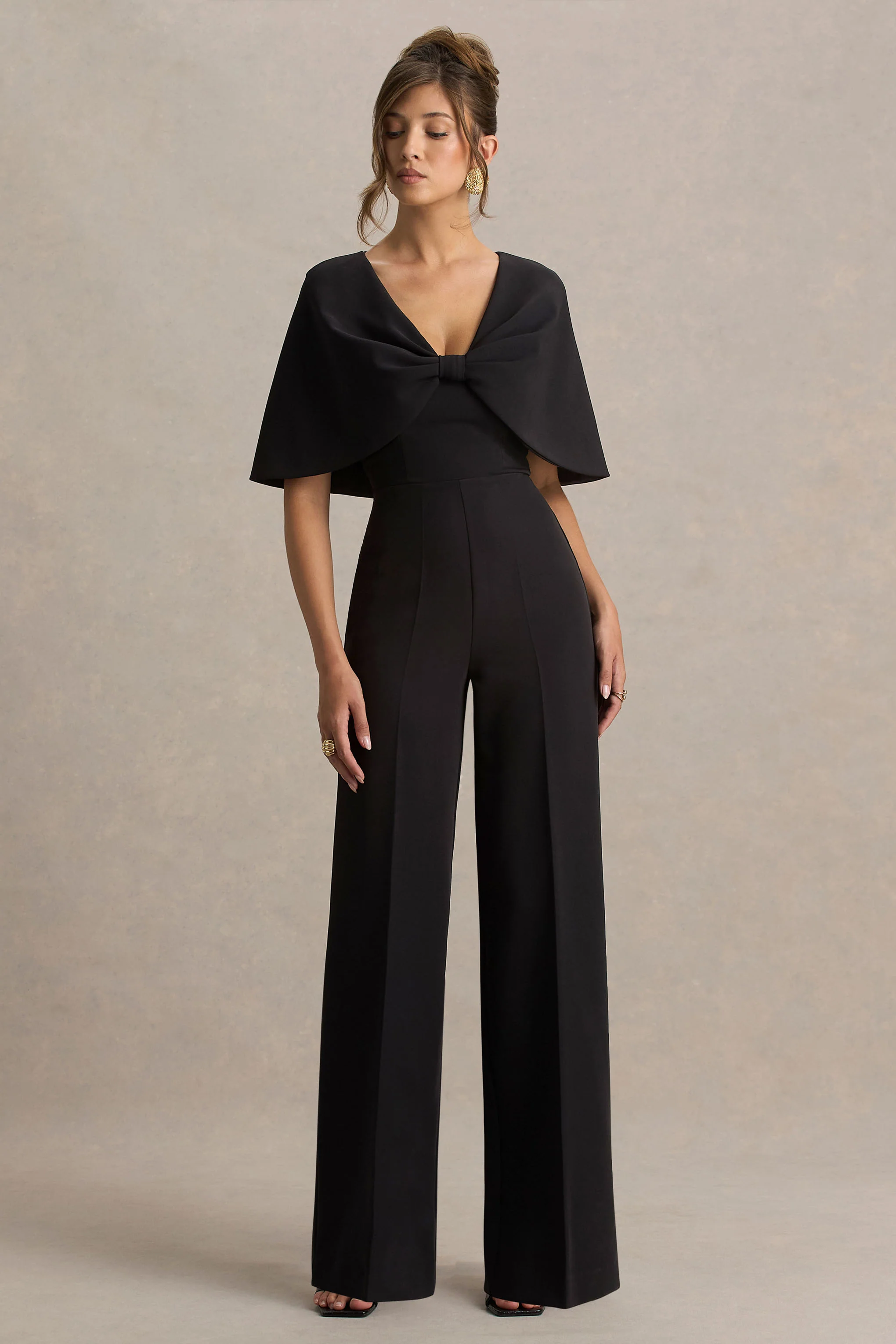 Vivid | Black Plunge-Neck Jumpsuit With Bow-Detail