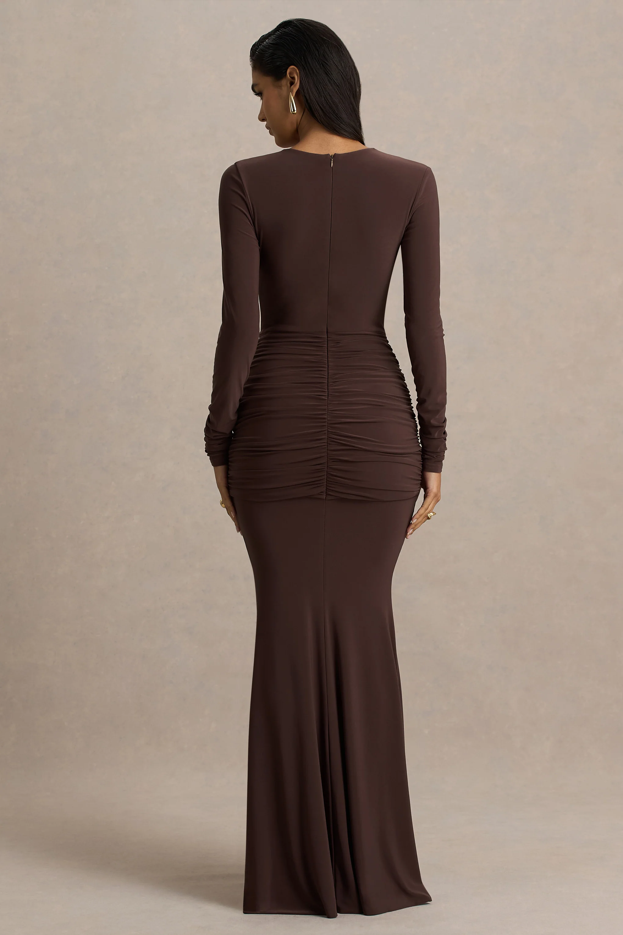 Saffie | Chocolate Extreme-Plunge Wrap Maxi Dress With Long-Sleeves And Ruched Detailing