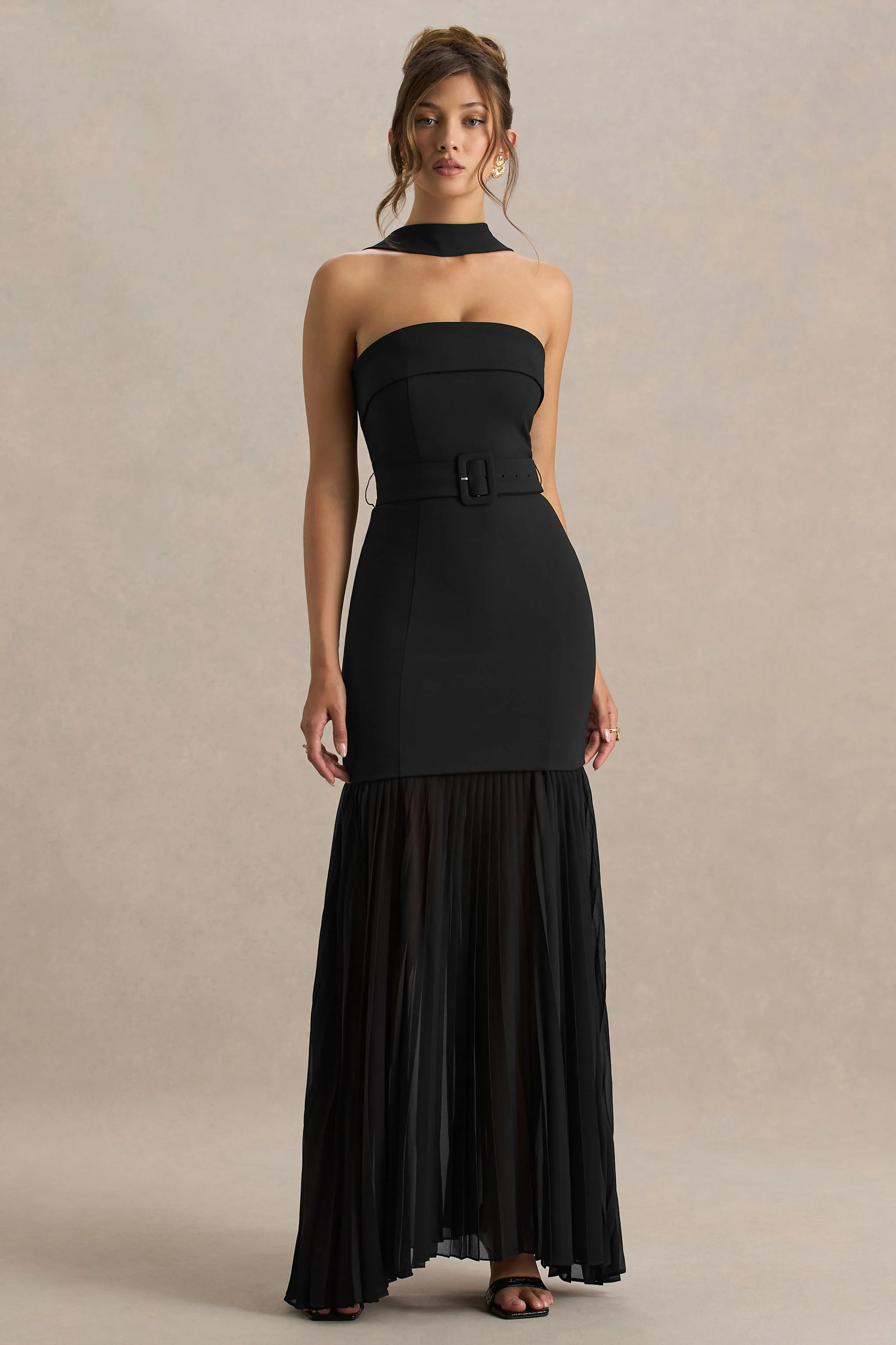 Jaquetta | Black Belted Maxi Dress With Pleated Chiffon Skirt