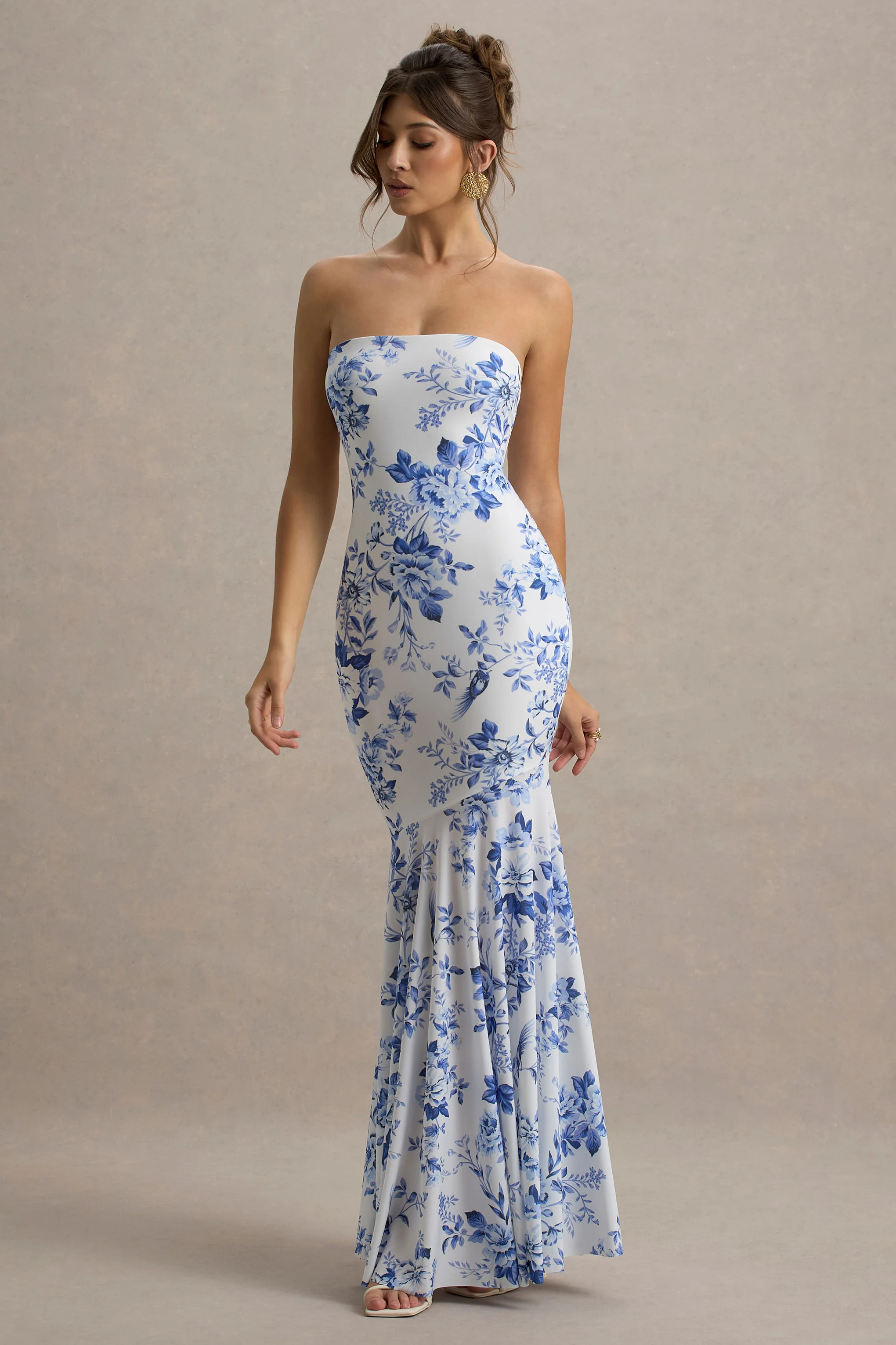 Callie | Blue Porcelain Print Bandeau Fishtail Maxi Dress