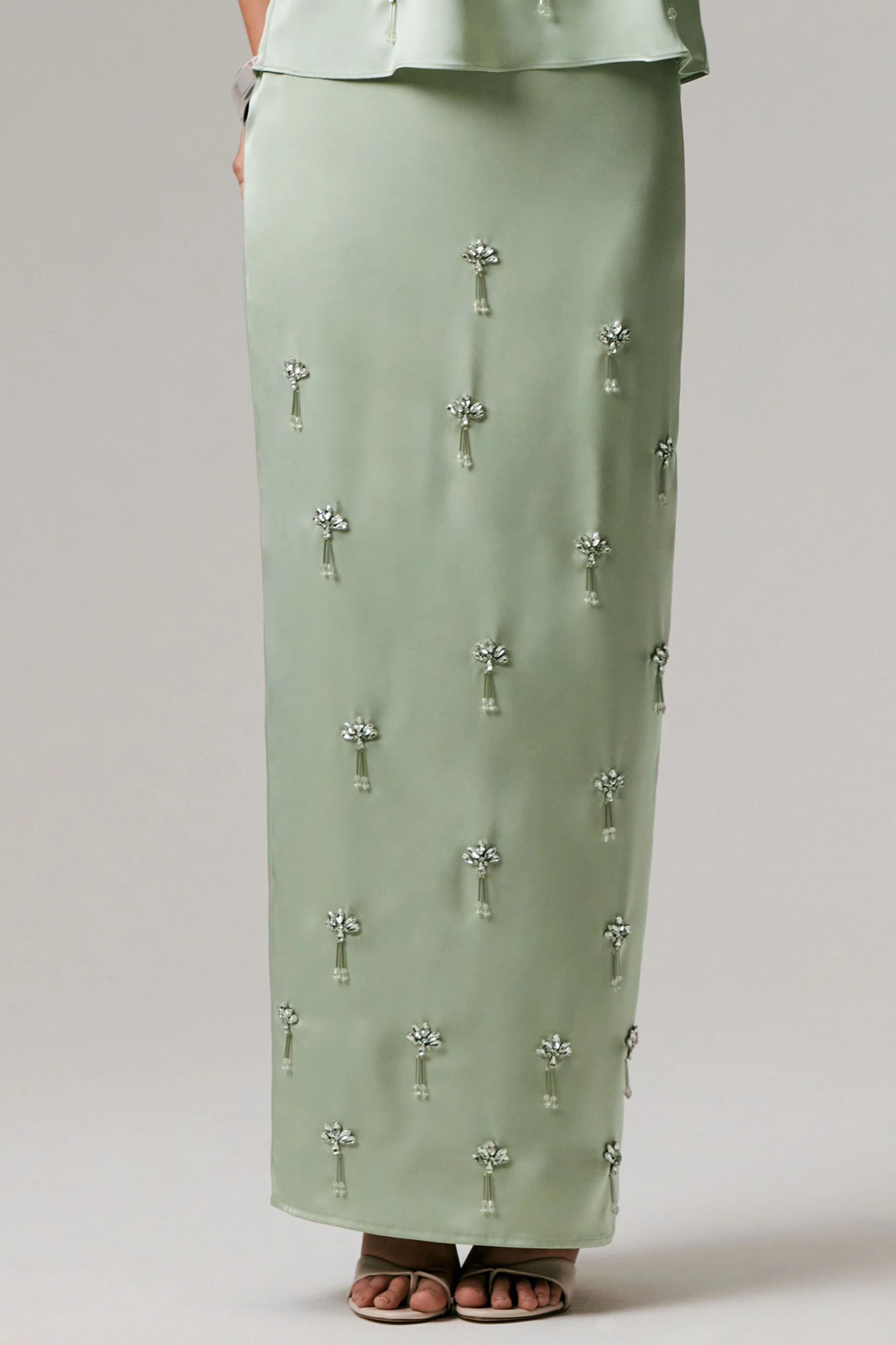 Lena | Mint Satin Embellished Maxi Skirt