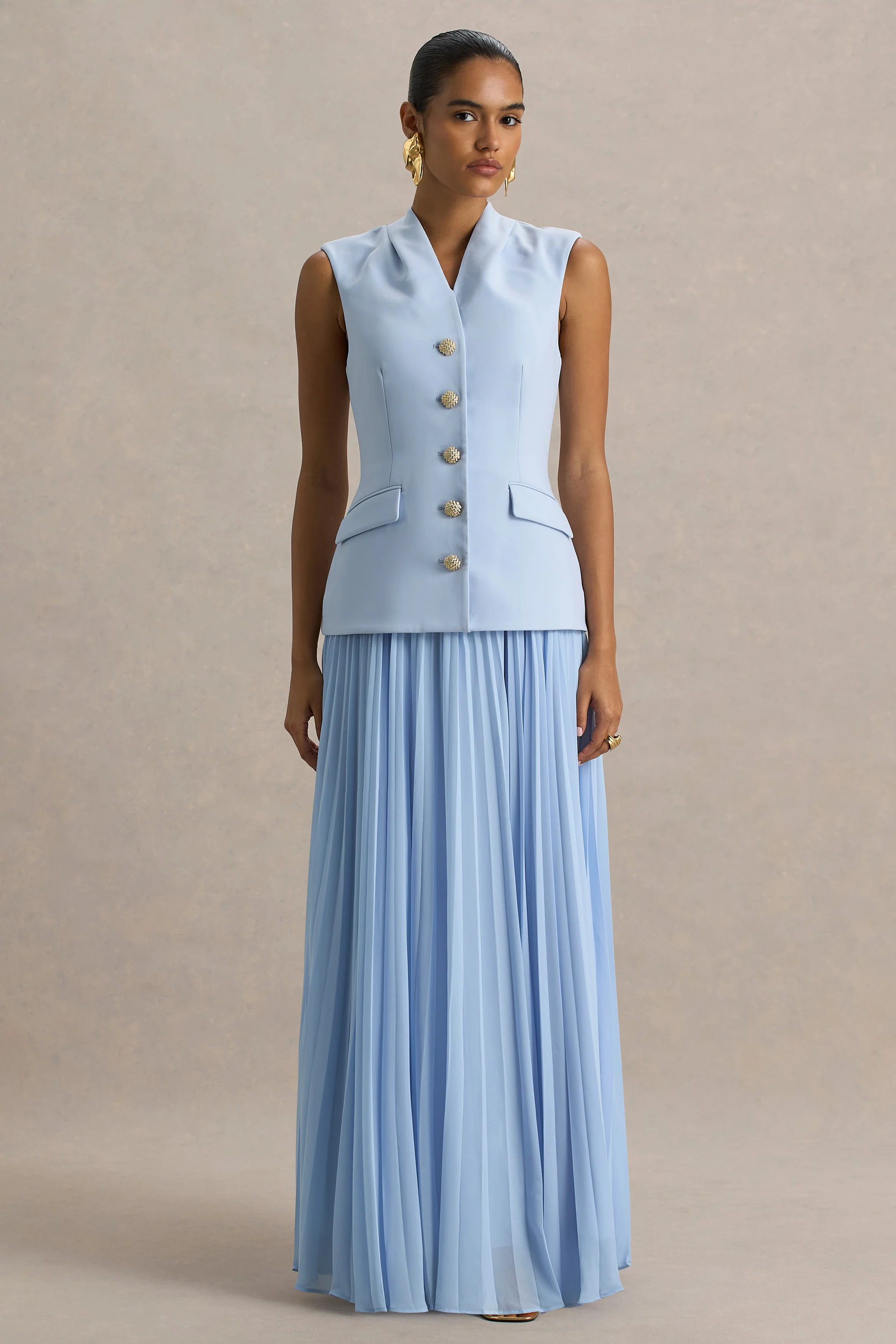 Heavenly | Powder Blue High Neck Maxi Dress With Pleated Detailing