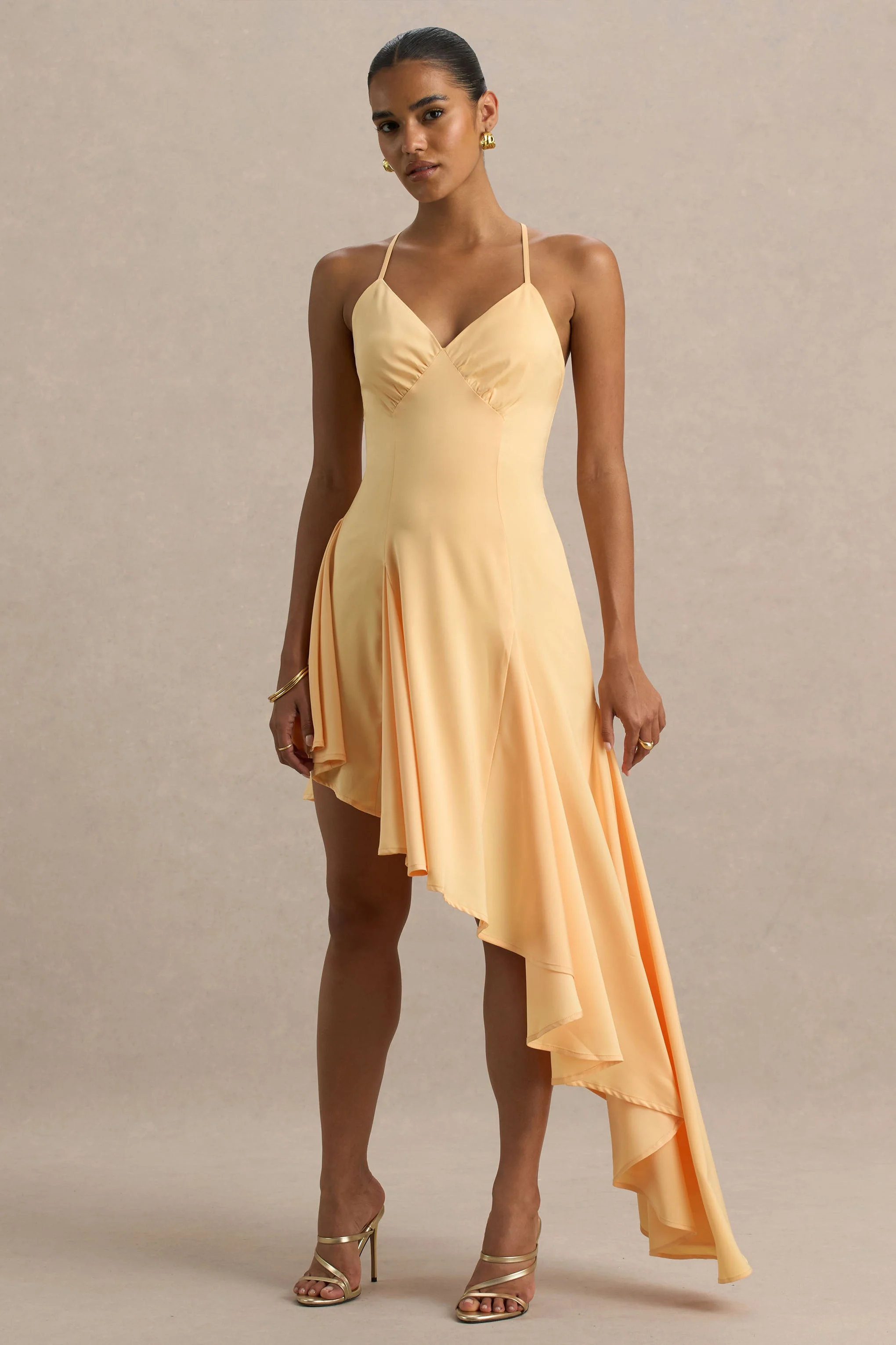 Glint | Peach Satin Plunge-Neck Maxi Dress With Asymmetric Hem