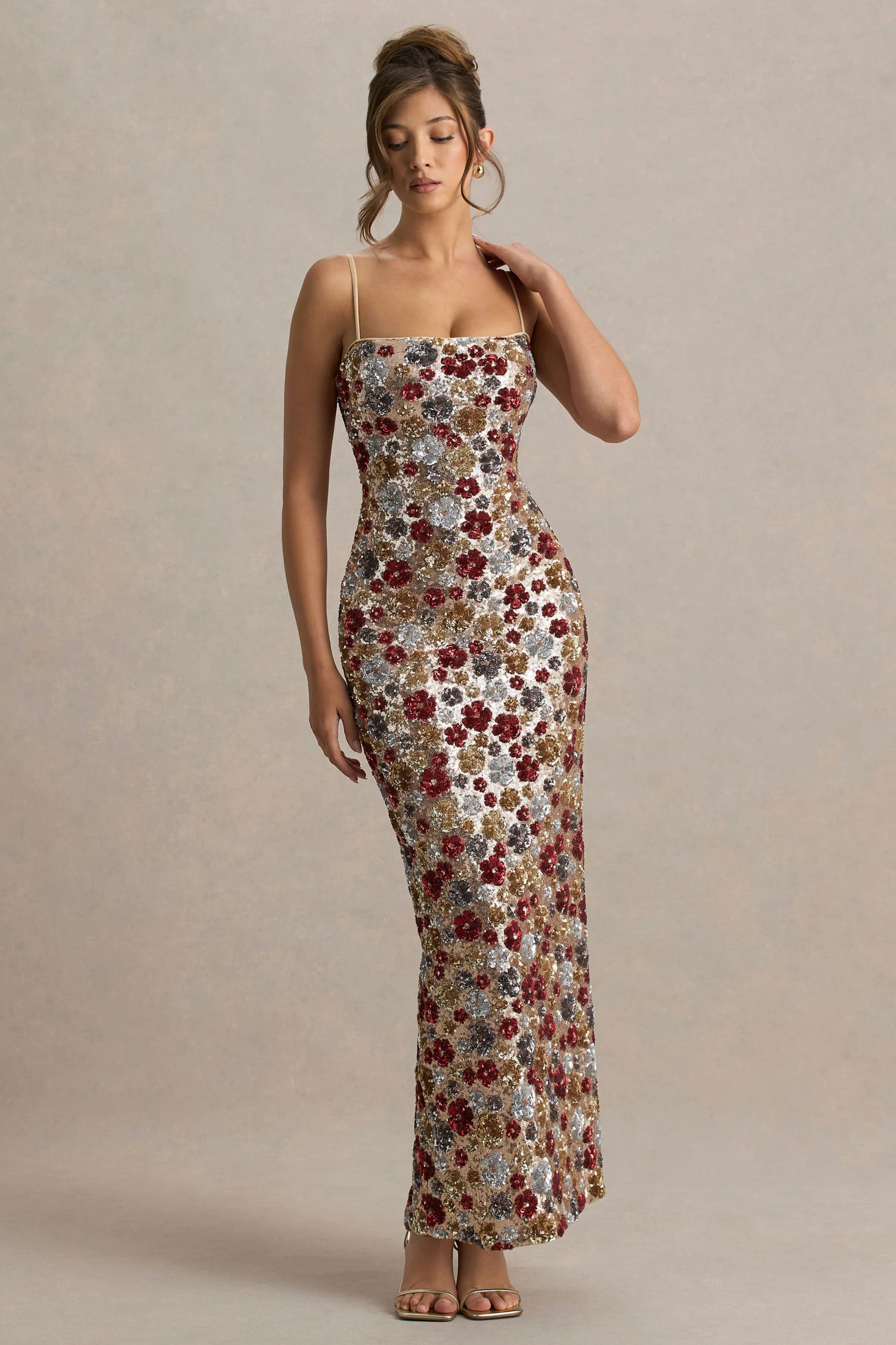 Vitora | Red Floral Sequin Square-Neck Maxi Dress