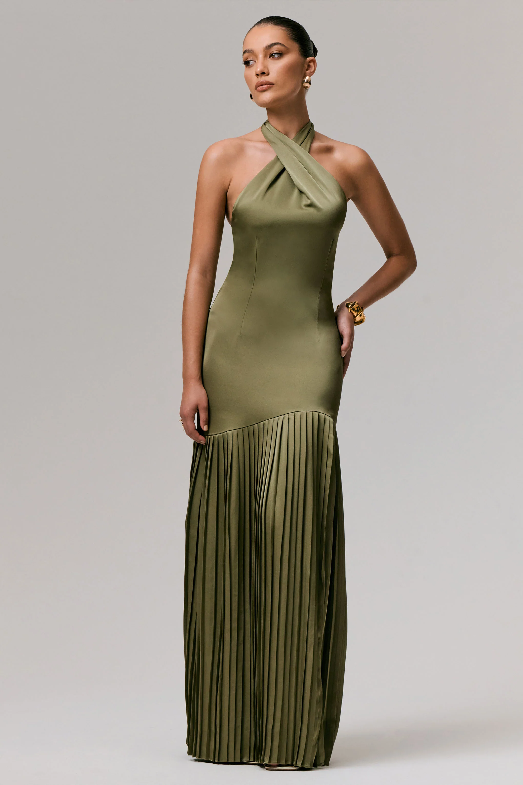 Sansa | Khaki Satin Cross Halter-Neck Plisse Maxi Dress