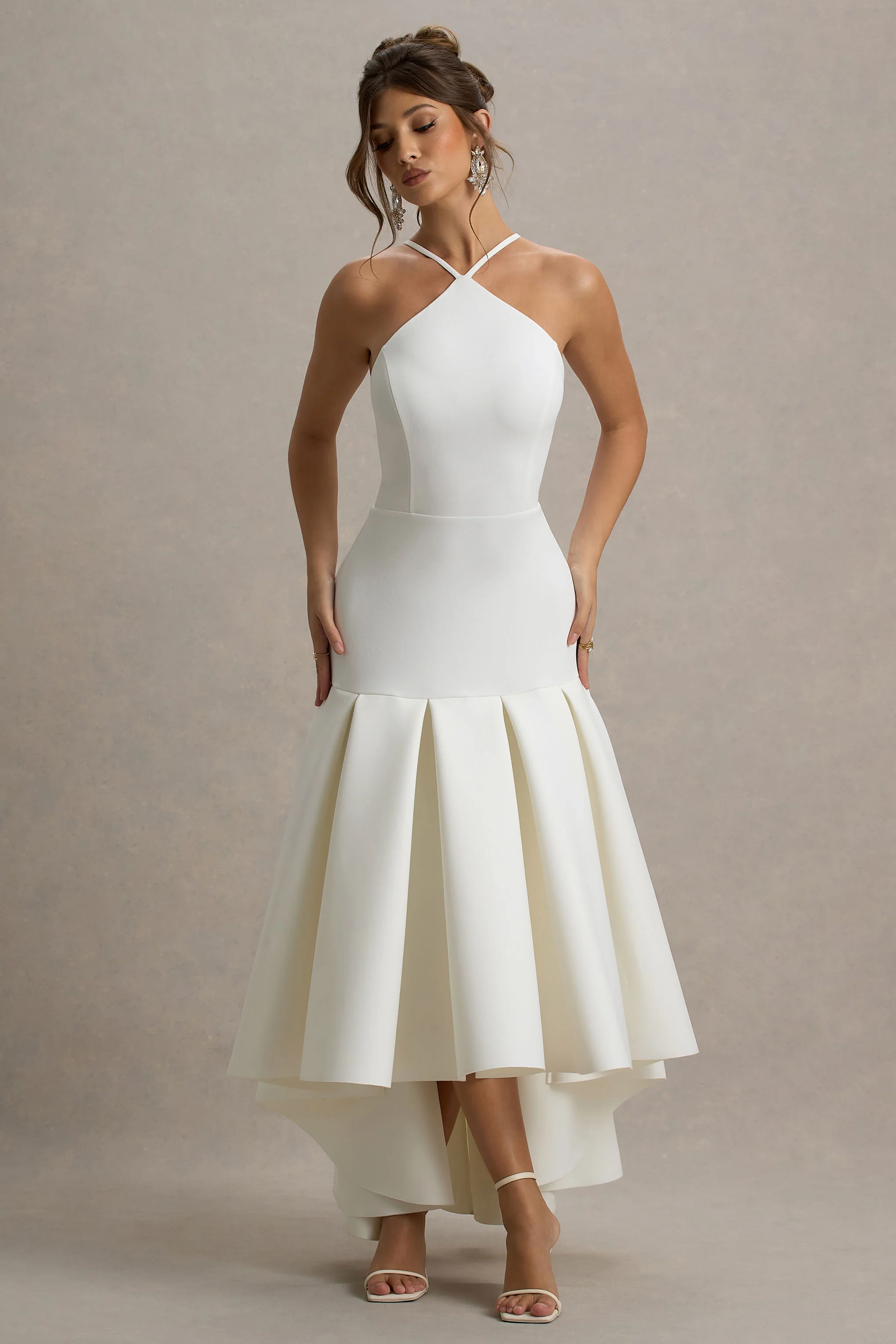 Mavis | Cream Halter-Neck Maxi Dress With High-Low Skirt