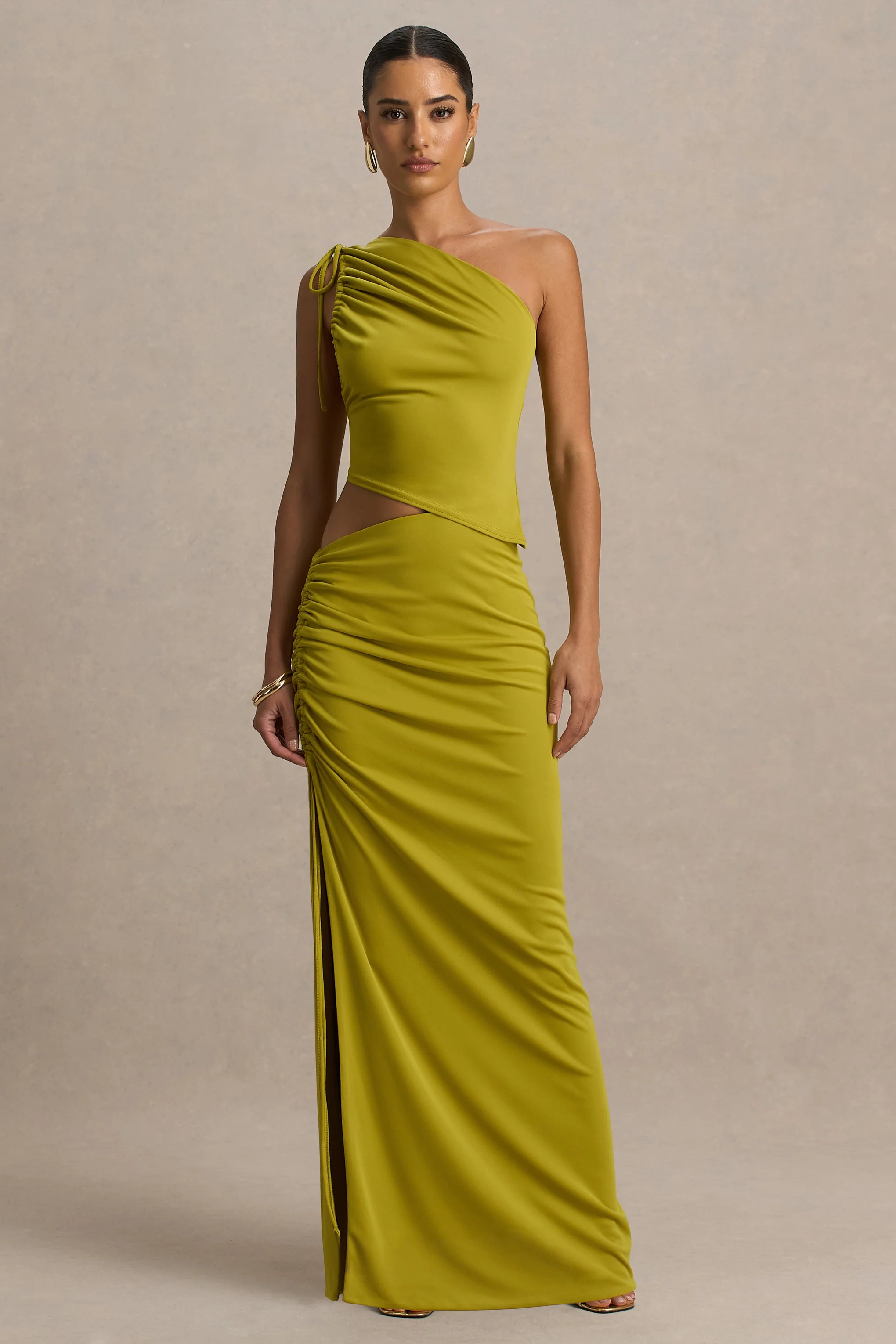Margie | Green Maxi Skirt With Ruched Detail And Front High Split