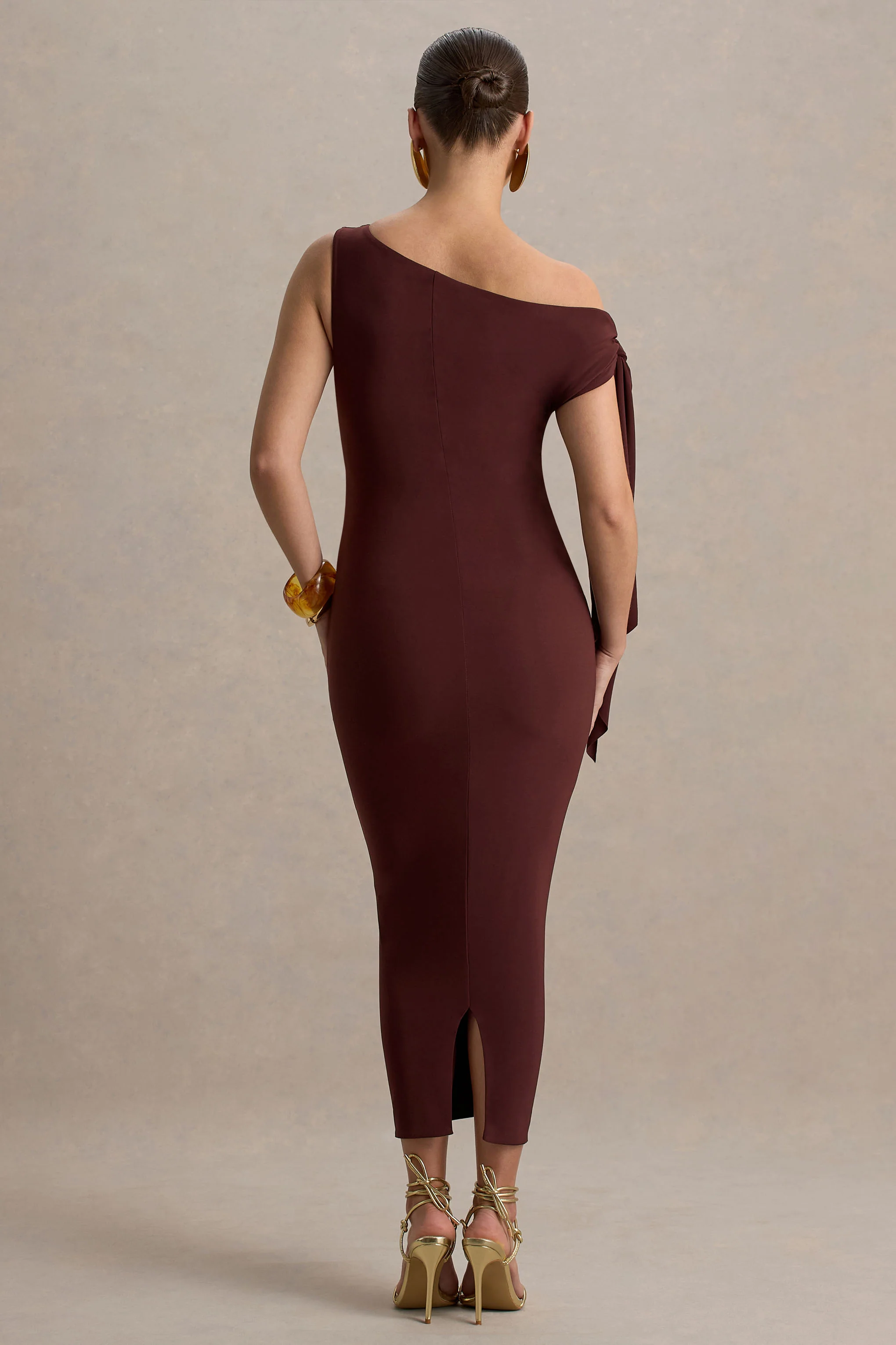 Katarine | Brown Asymmetric Knot Maternity Midi Dress