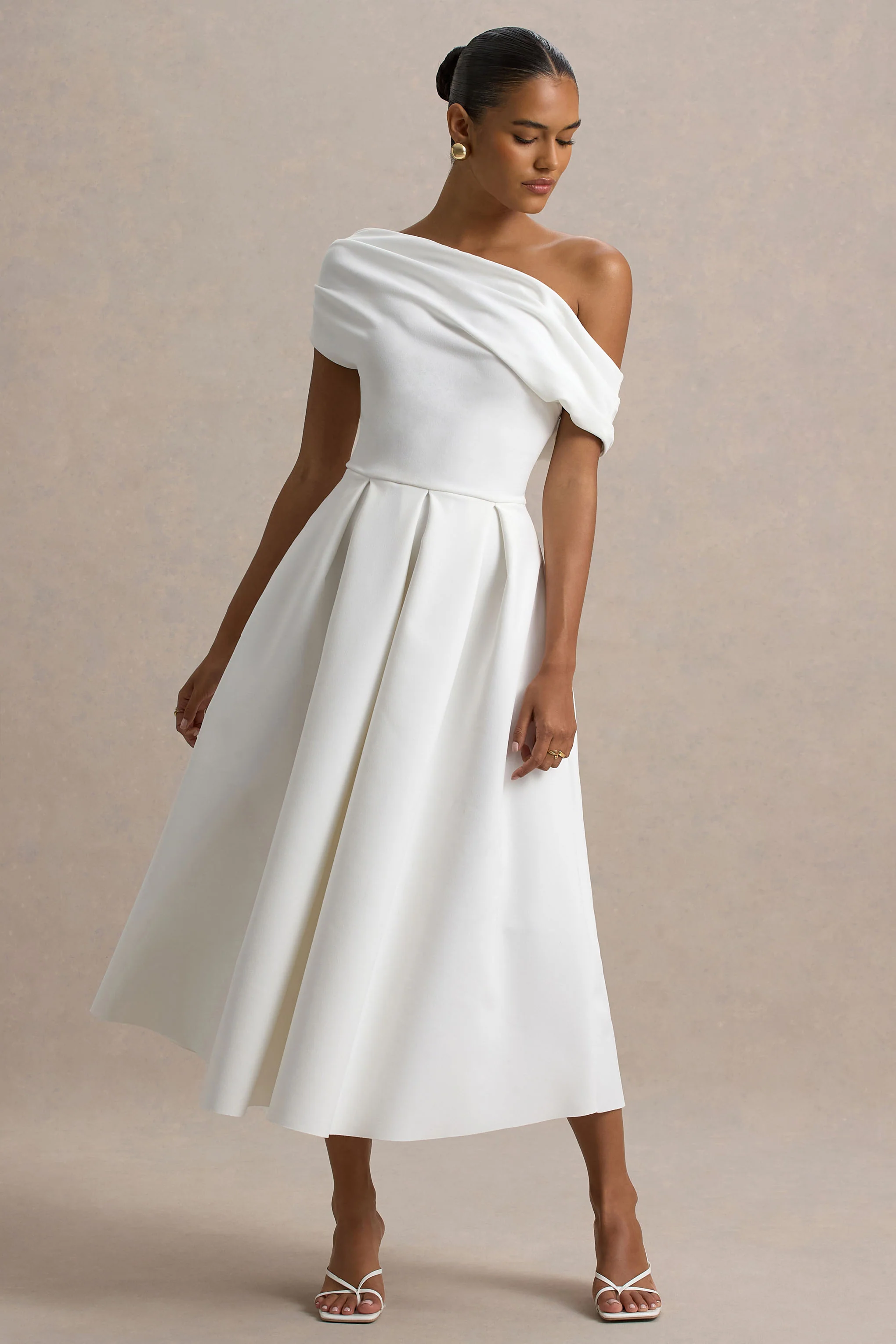 Demi | White Asymmetric-Neck Midi Dress