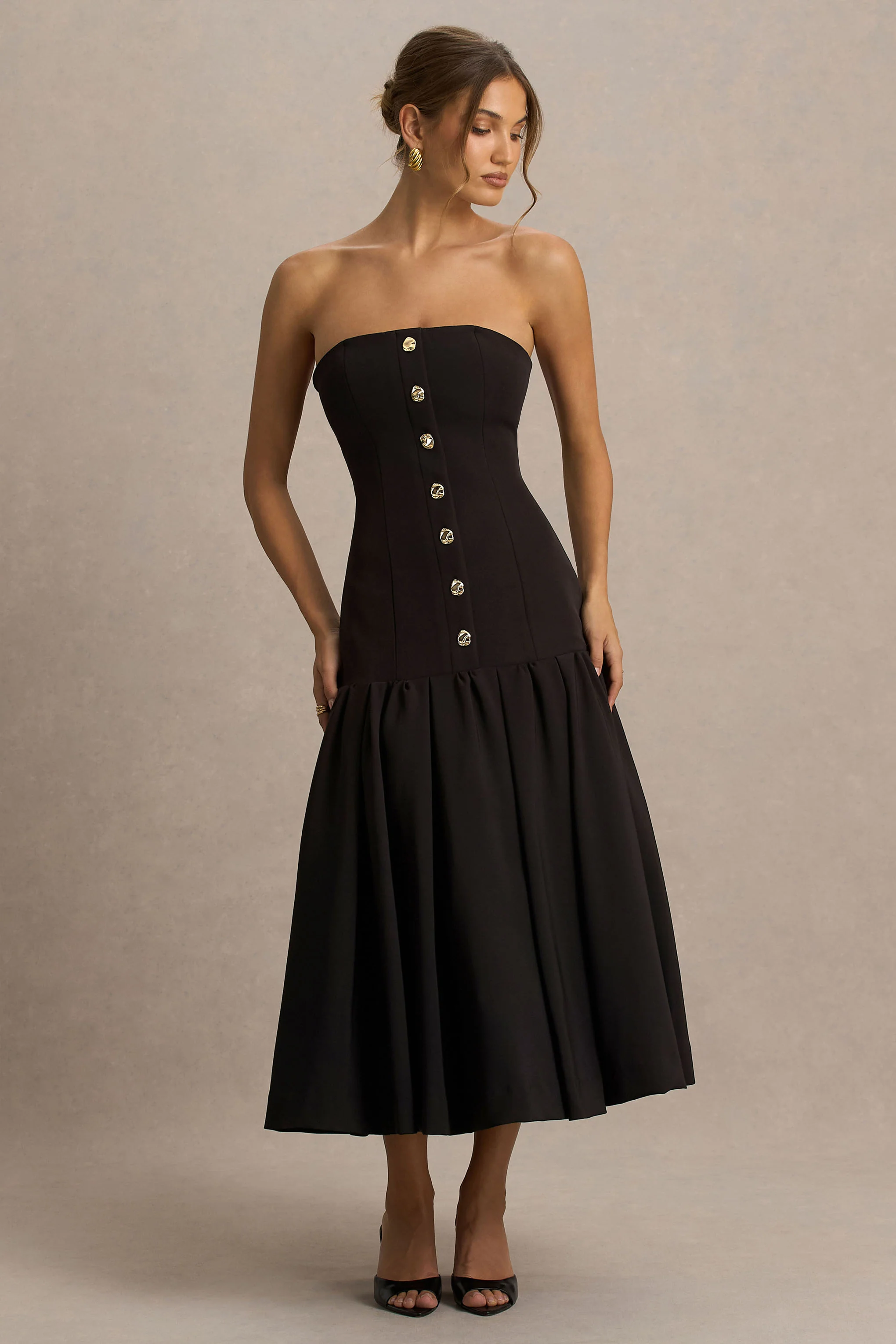 Briella | Black Bandeau Maxi Dress With Gold-Button Detailing