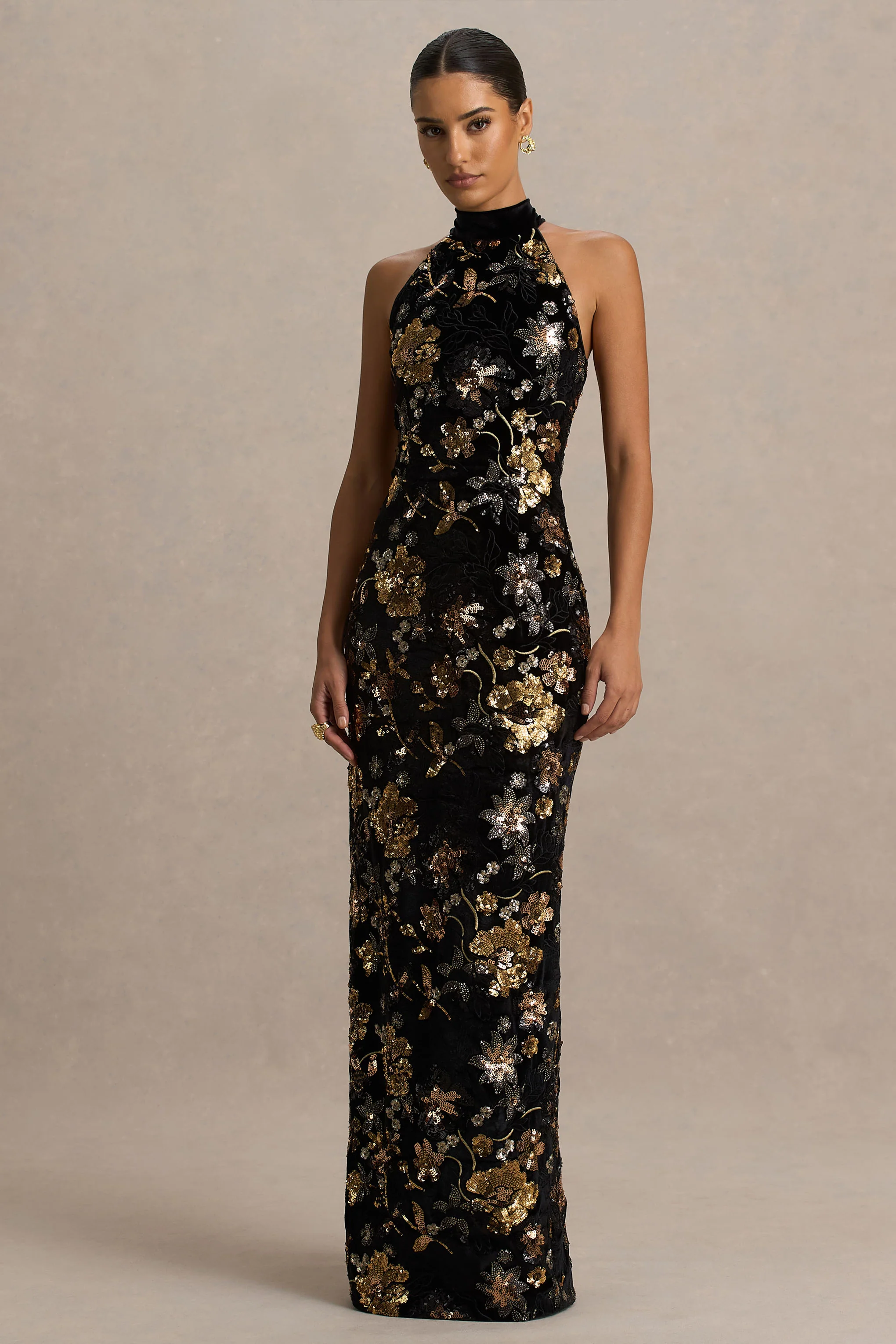 Tate | Black Velvet Halter-Neck Maxi Dress With Bronze Floral Sequin