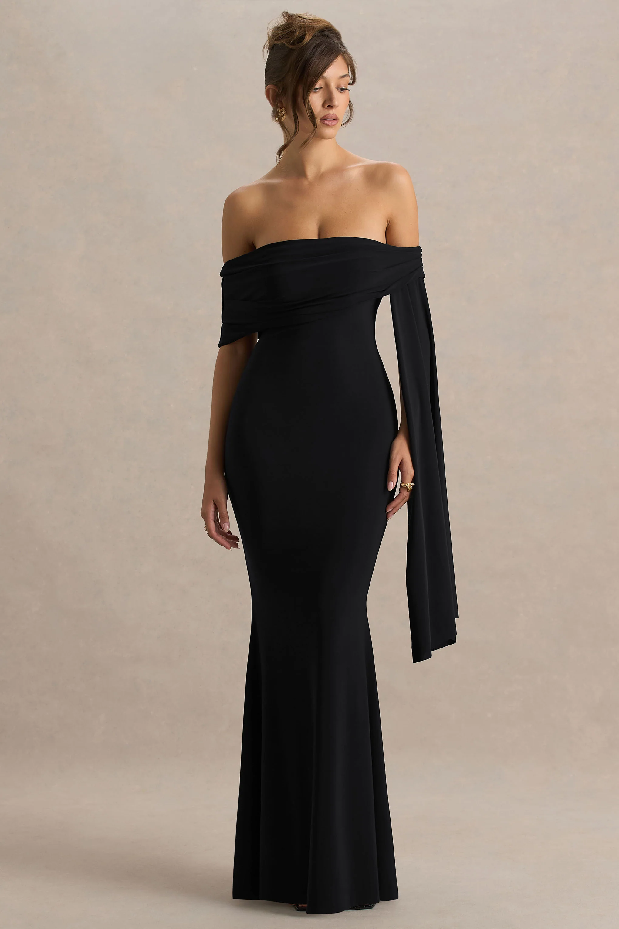 Saffina | Black Bardot-Neck Maxi Dress With Sash Detail