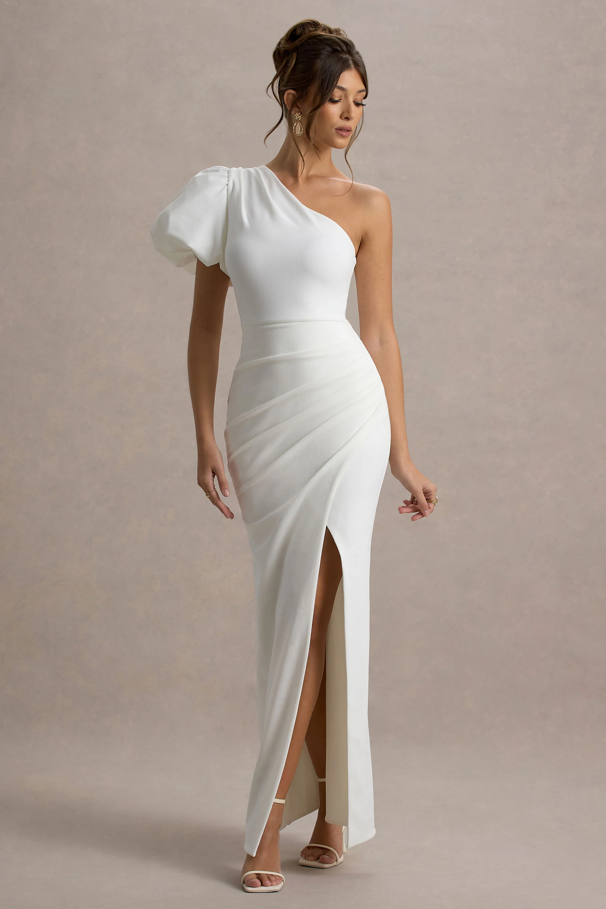 Vittoria | White Asymmetric Puff-Sleeve Split Maxi Dress