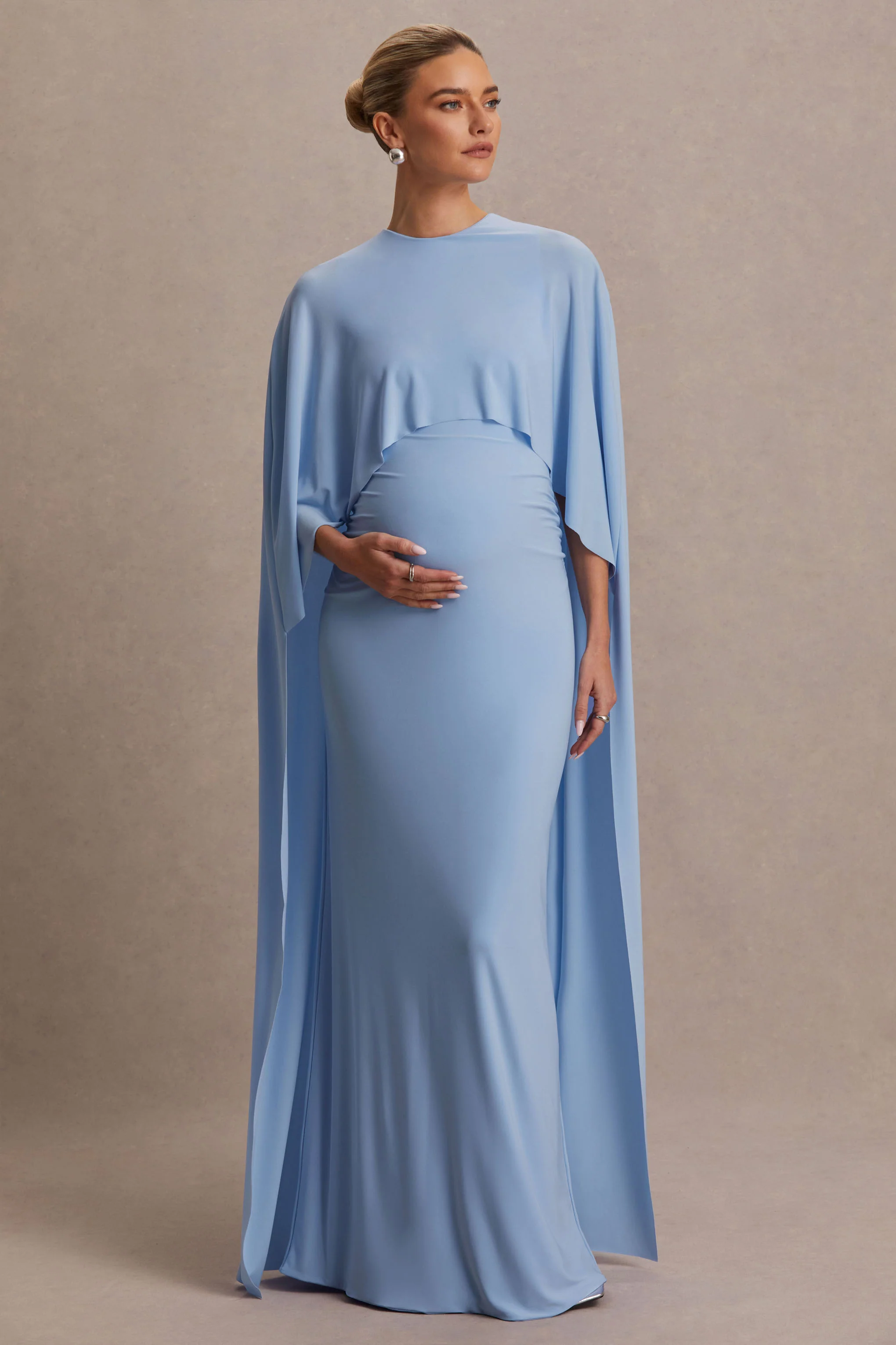 Padma | Powder Blue Draped Maternity Maxi Dress With Cape Sleeves