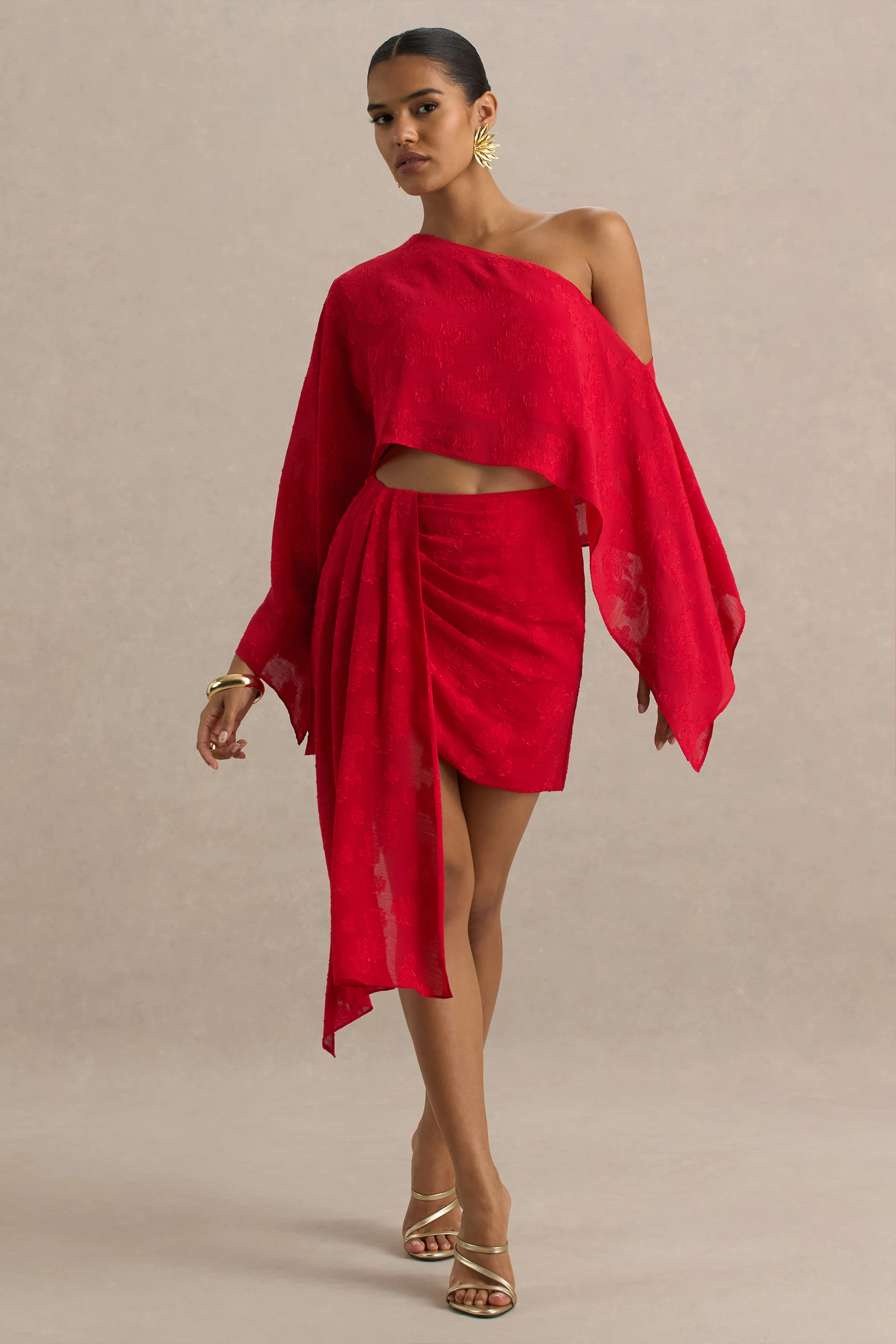 Melania | Red Satin Devore Wrap Mini Skirt With Sash Detail