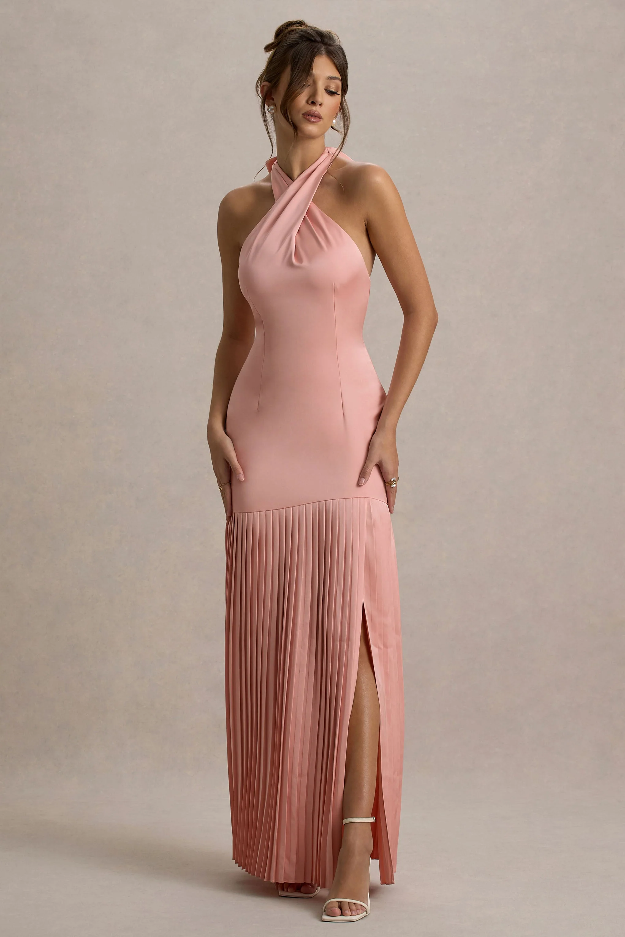 Sansa | Light Pink Satin Cross Halter-Neck Plisse Maxi Dress
