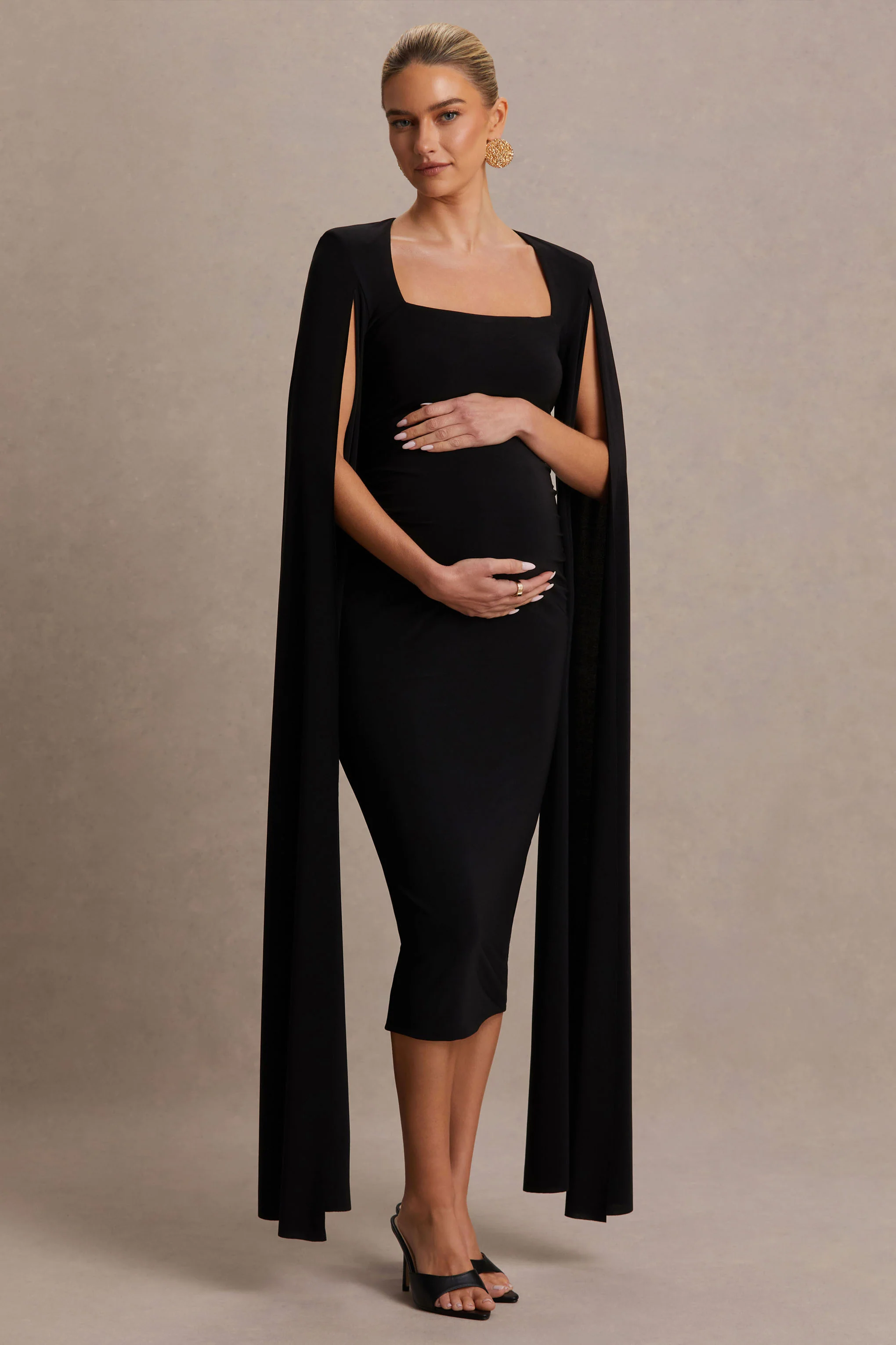 Flawless | Black Square-Neck Maternity Midi Dress With Cape-Sleeves
