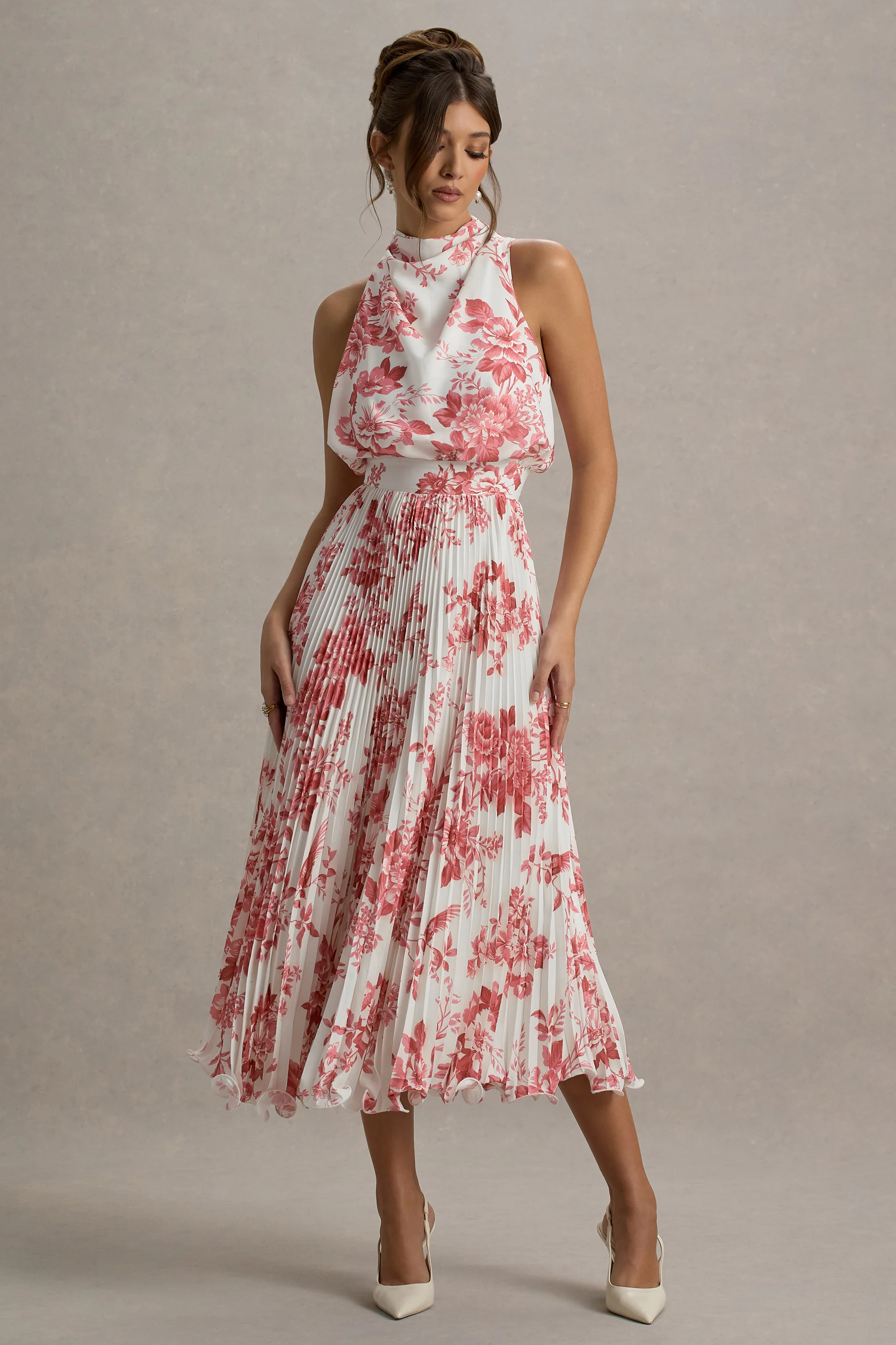 Nila | Pink Porcelain Print Cowl-Neck Midi Dress With Plisse Skirt