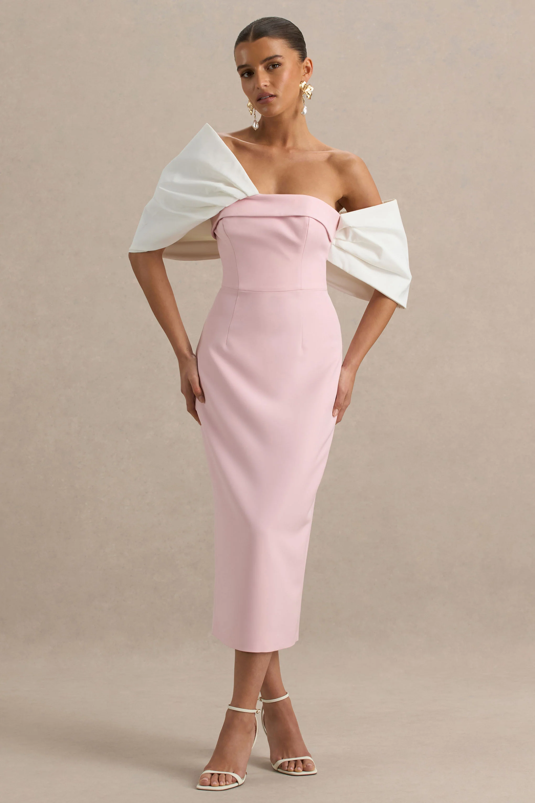 Lucille | Rose Pink & White Asymmetric Bardot Midi Dress