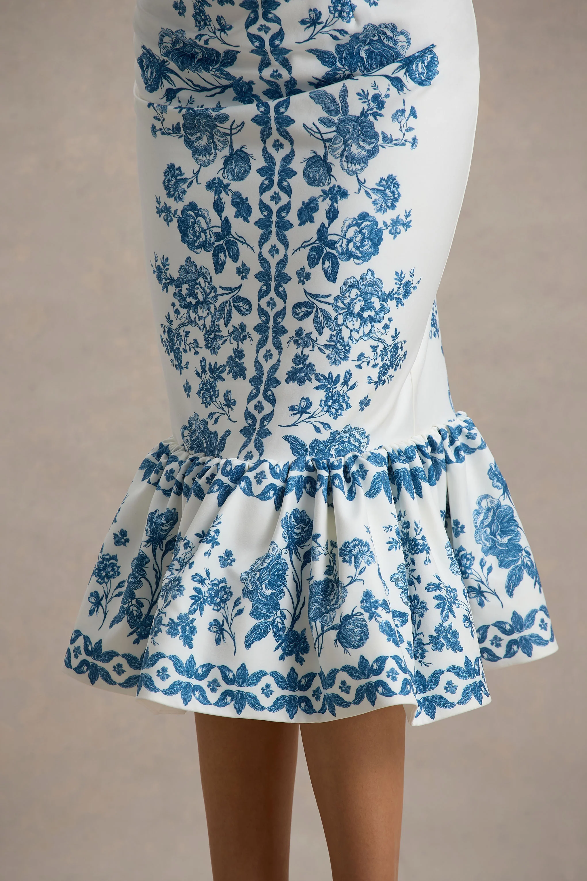 Sarey | Blue Porcelain Print Ruffle Midi Dress