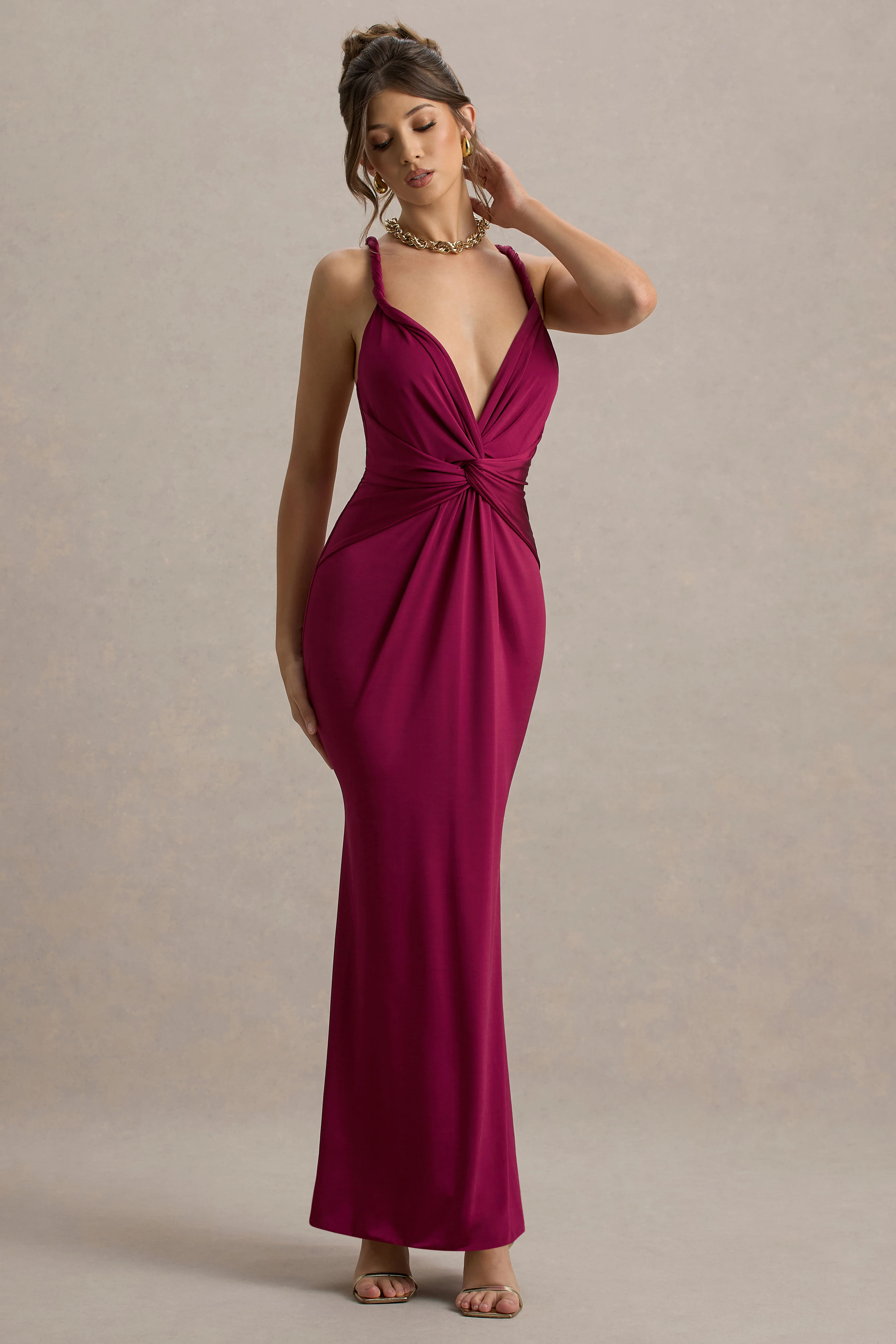 Santez | Dark Cherry Twisted Plunge-Neck Maxi Dress