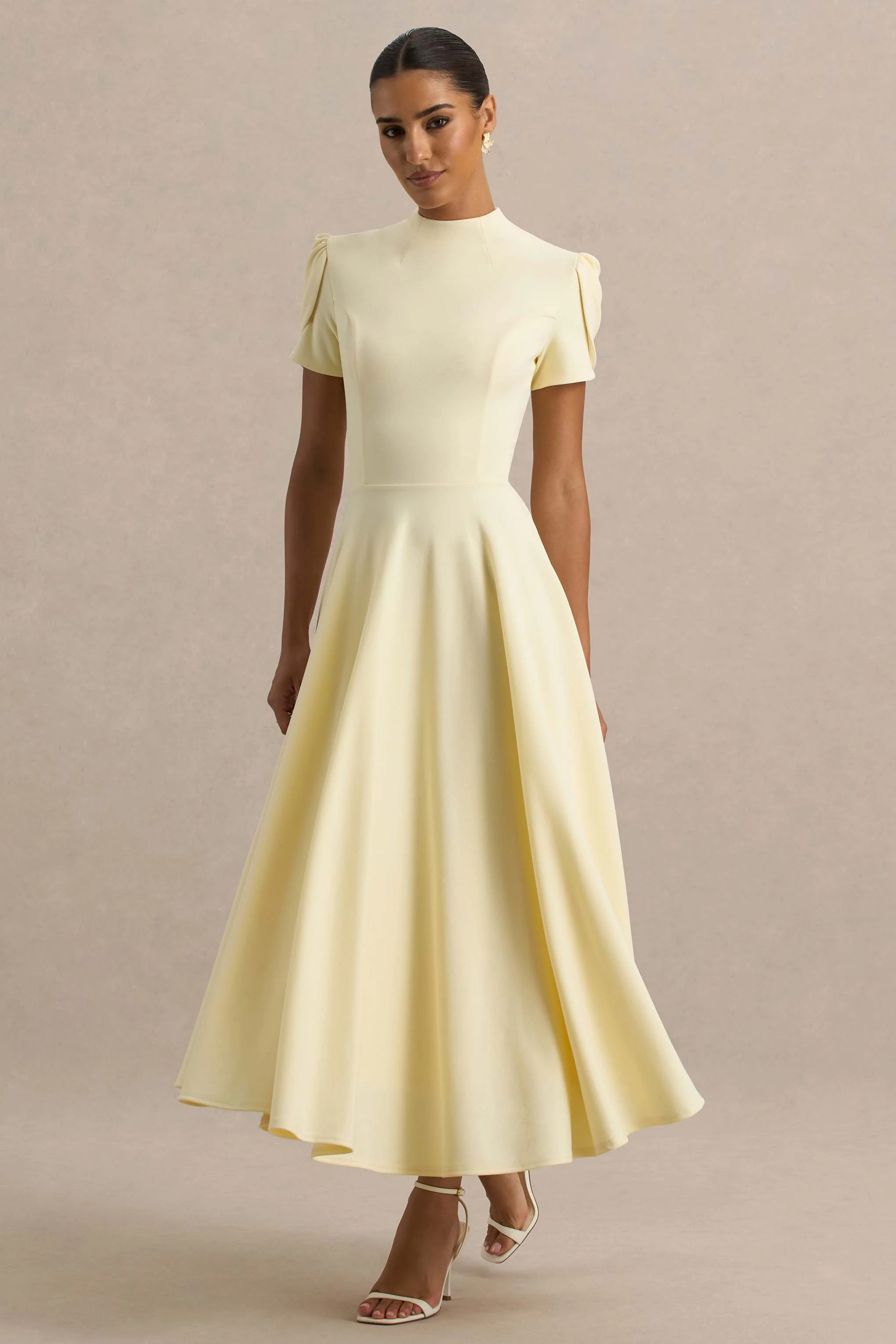 Vicky | Lemon High Neck Midi Dress With Puff Sleeves
