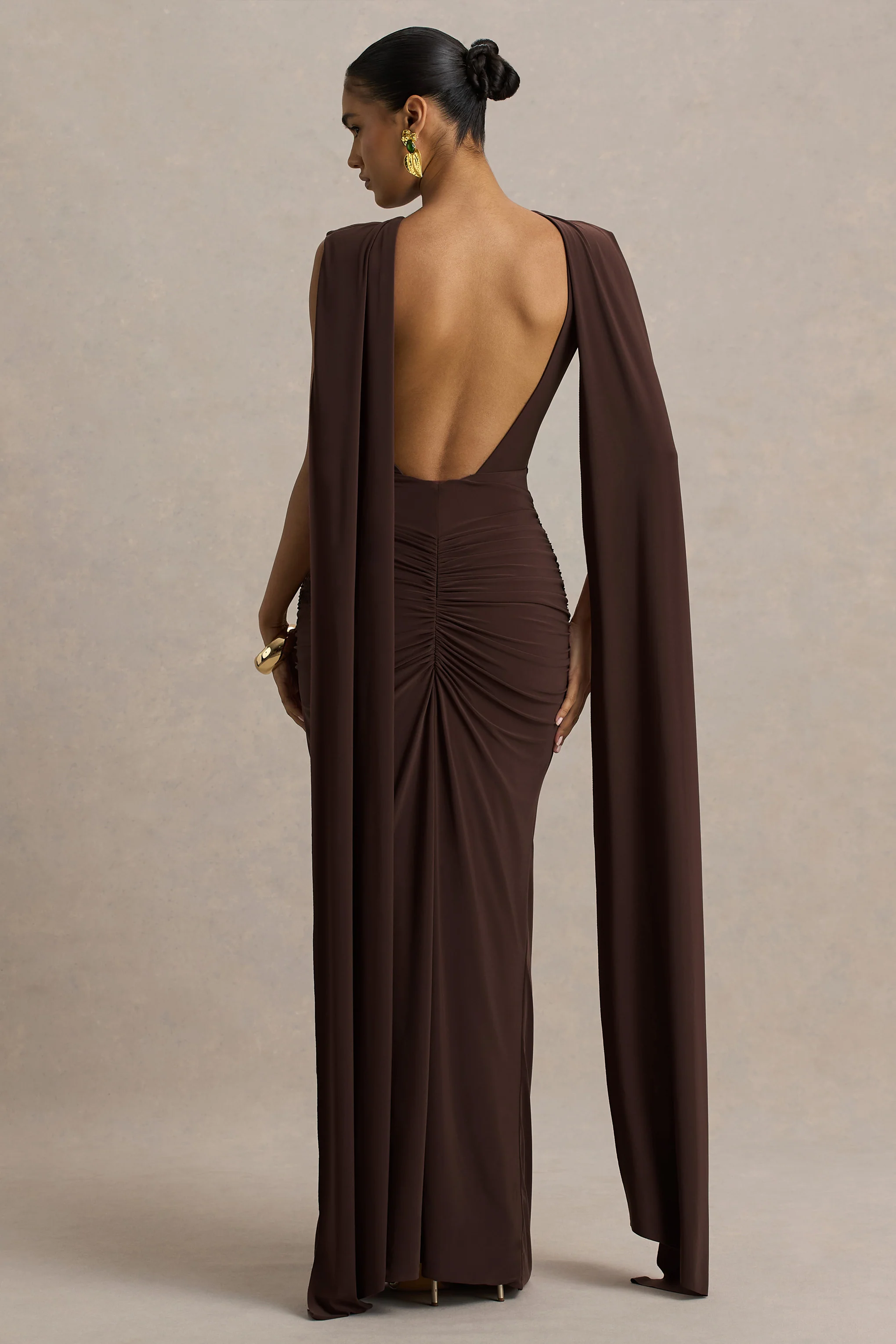 Premiere | Brown Boat-Neck Maxi Dress With Cape Sleeves And Open-Back