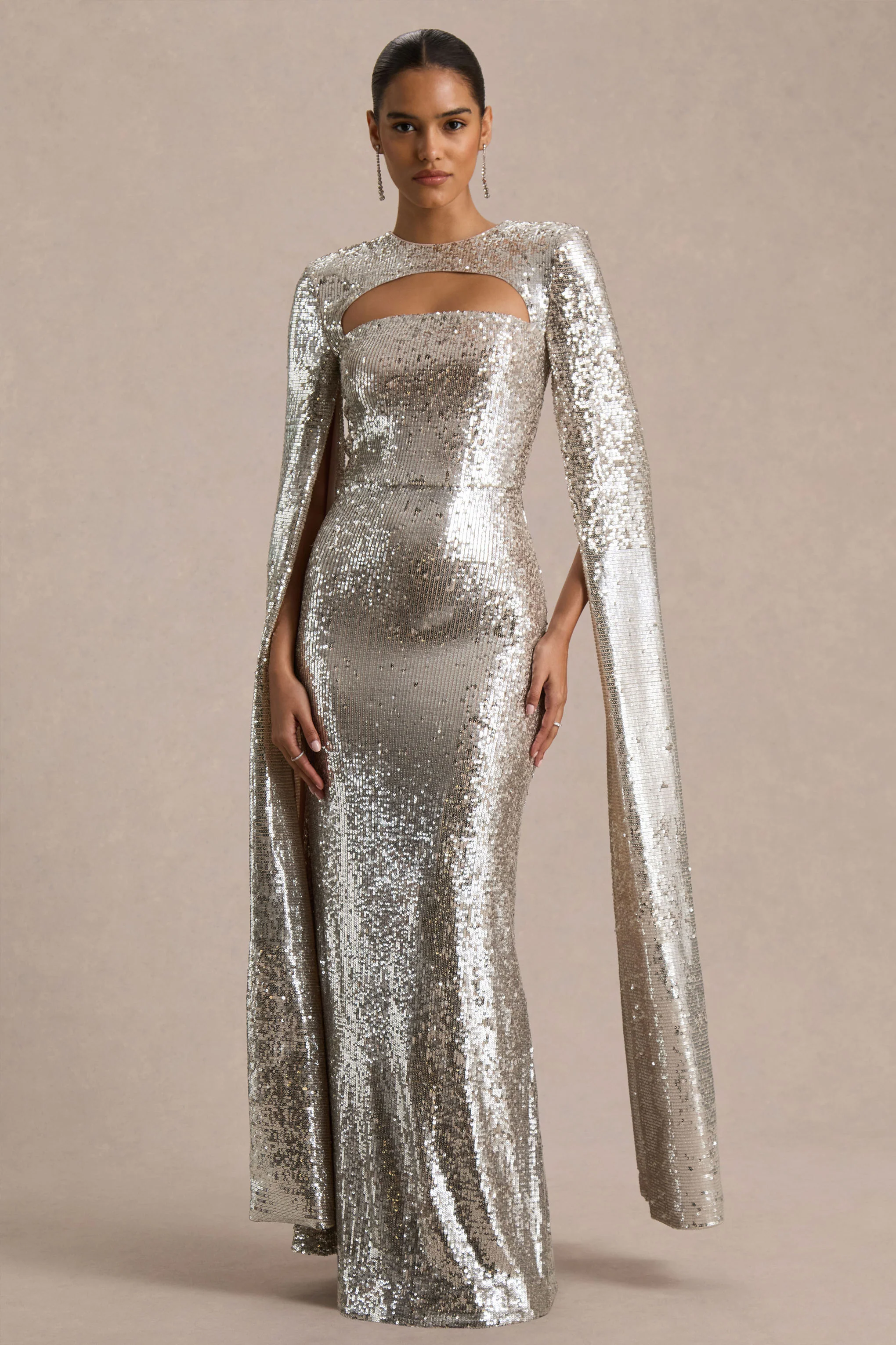 Devora | Silver Sequin Crew-Neck Maxi Dress With Cape Sleeves