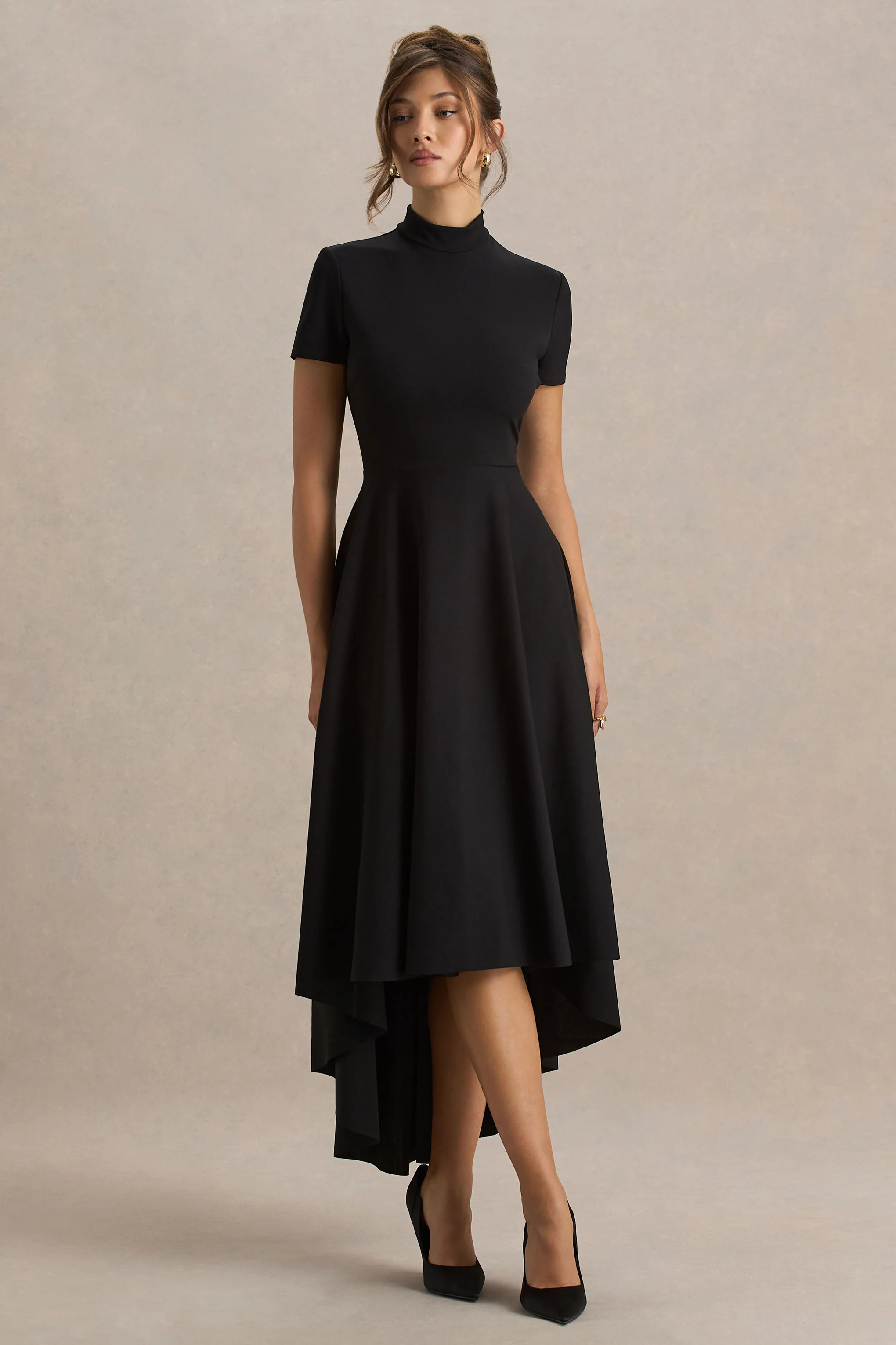 Bellona | Black High-Neck High-Low Midi Dress