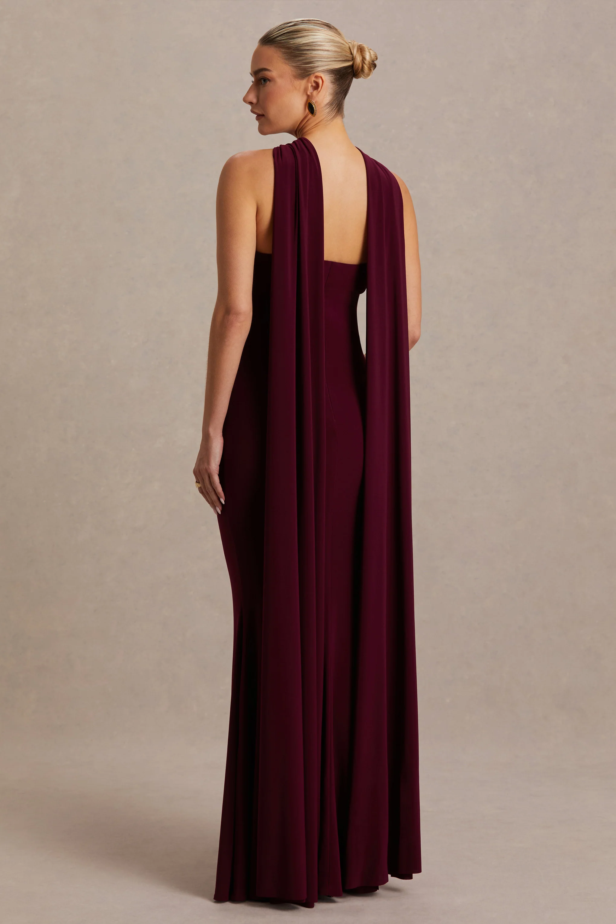 Lyra | Burgundy Cross Halter-Neck Maternity Maxi Dress With Cape