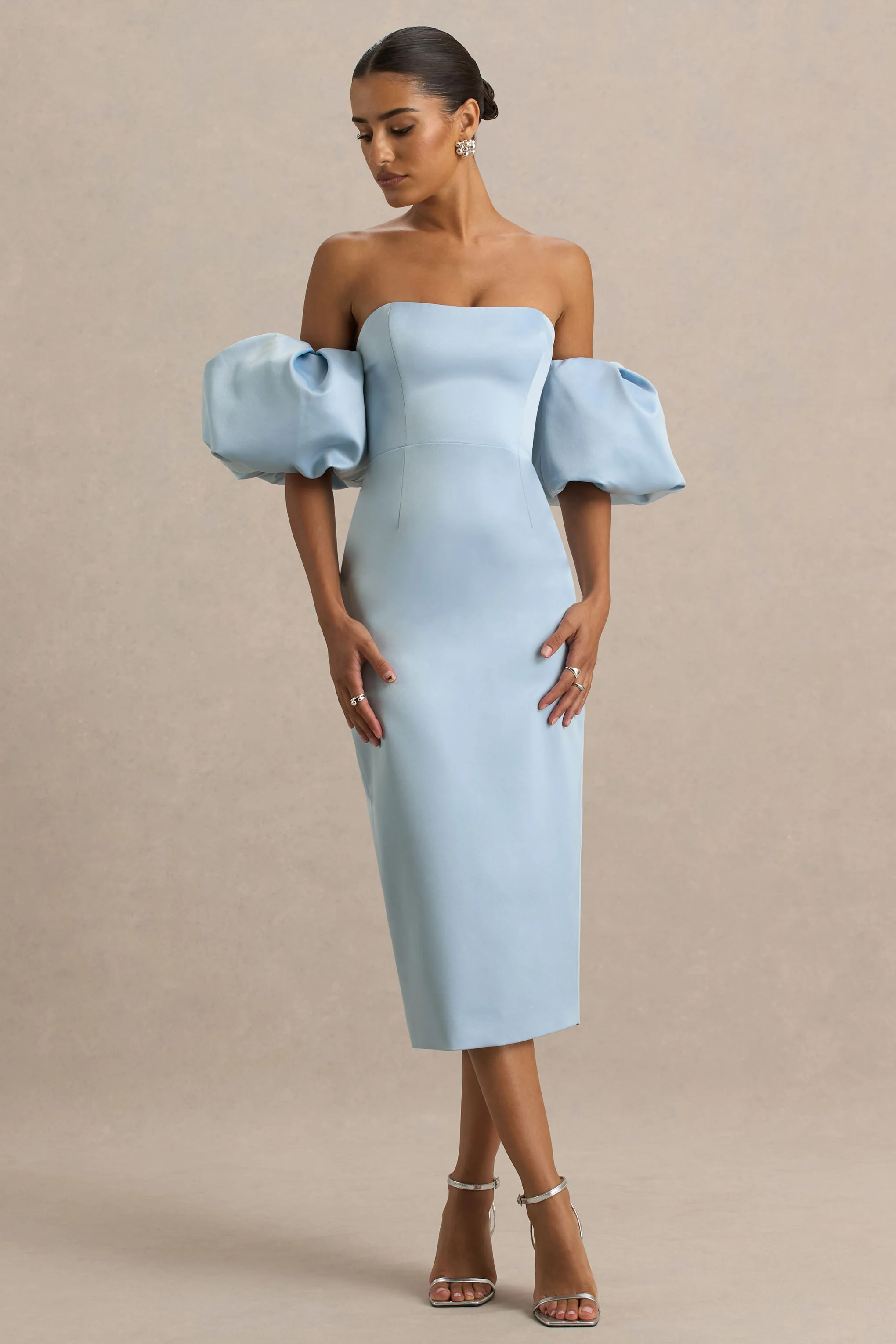 Imogen | Powder Blue Satin Short-Sleeve Bardot Midi Dress With Ruffle Detail