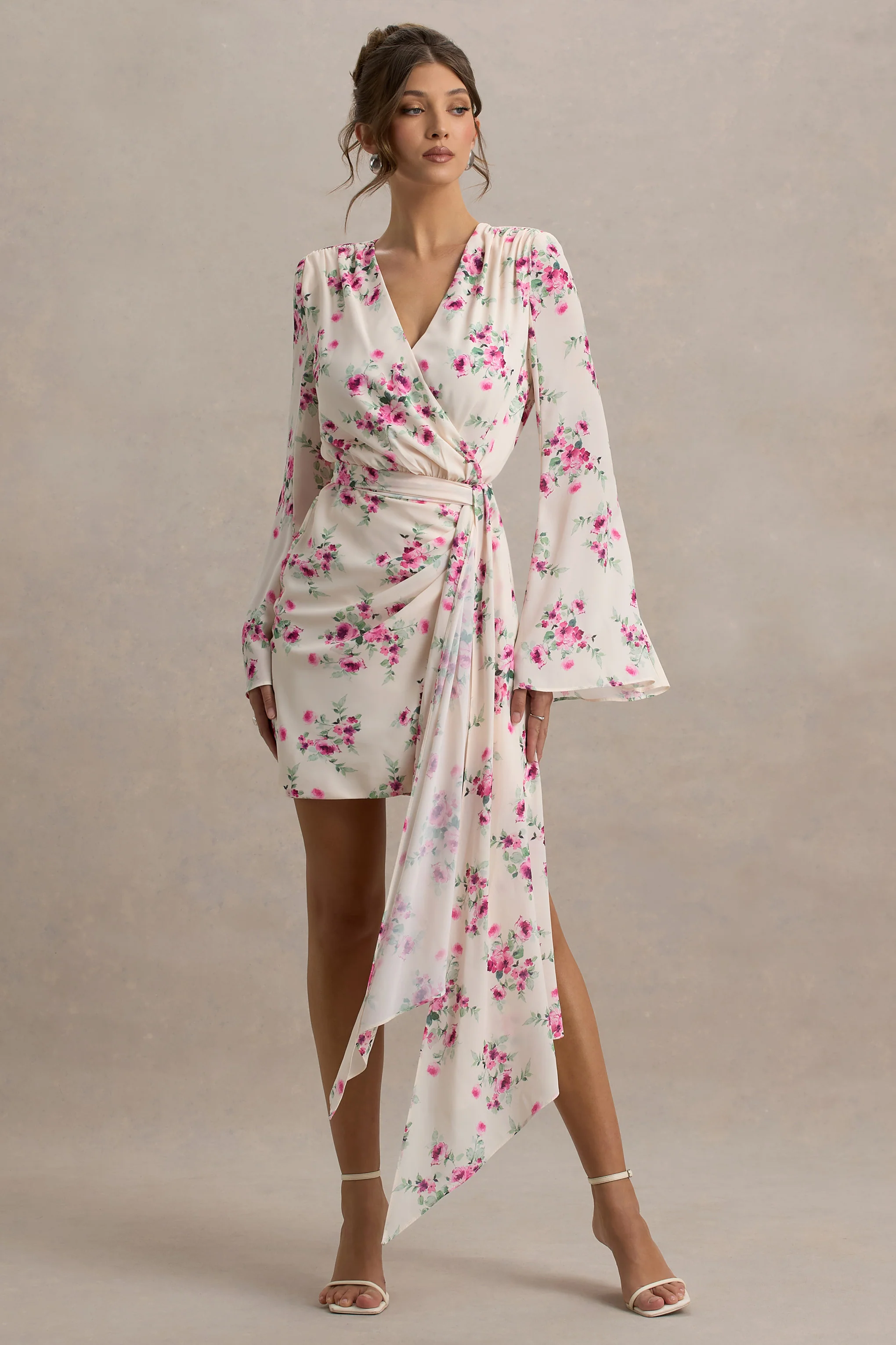 Goldie | Cream Floral Print Chiffon Long-Sleeve Wrap Mini Dress