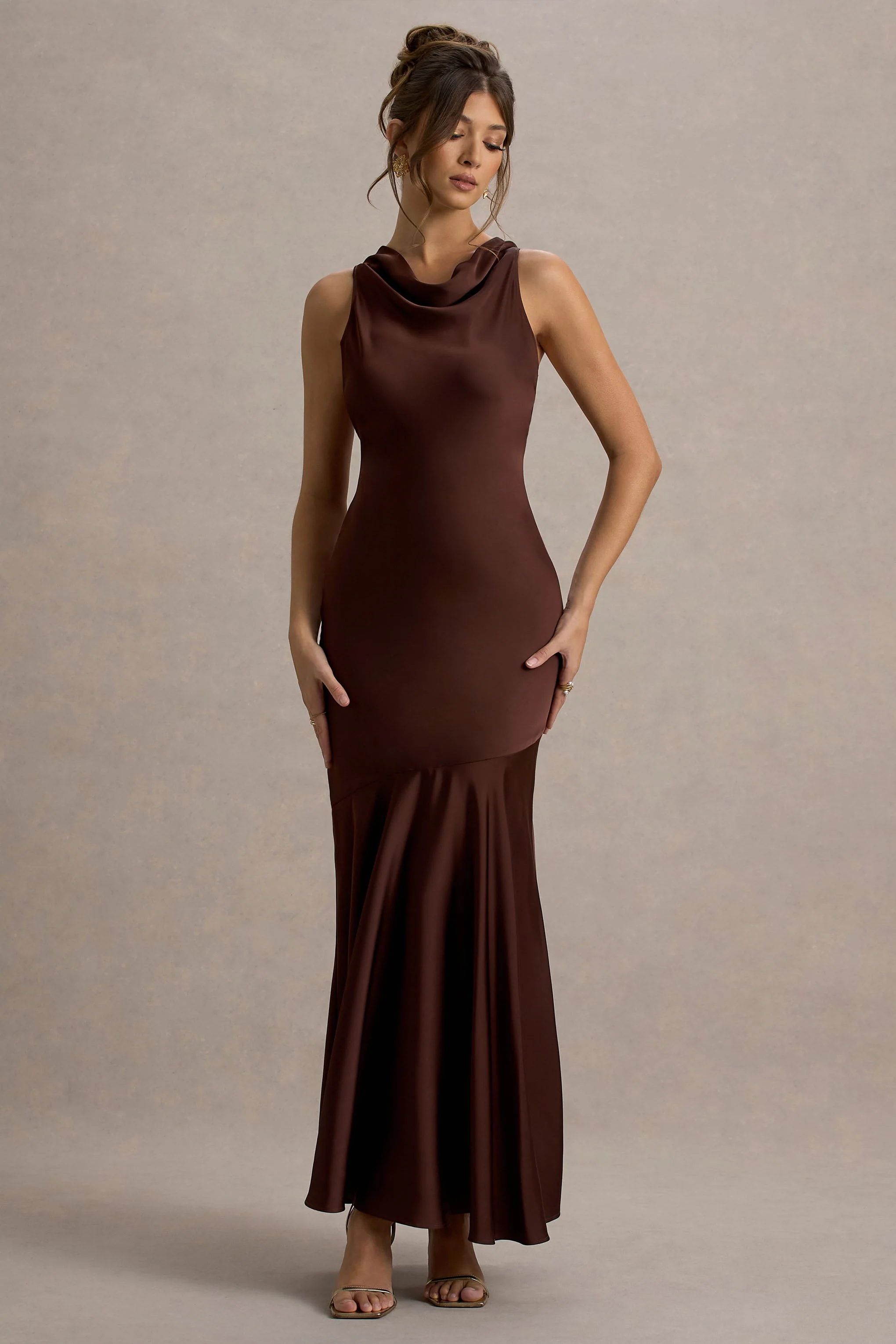 Amelita | Brown Satin Cowl-Neck Maxi Dress