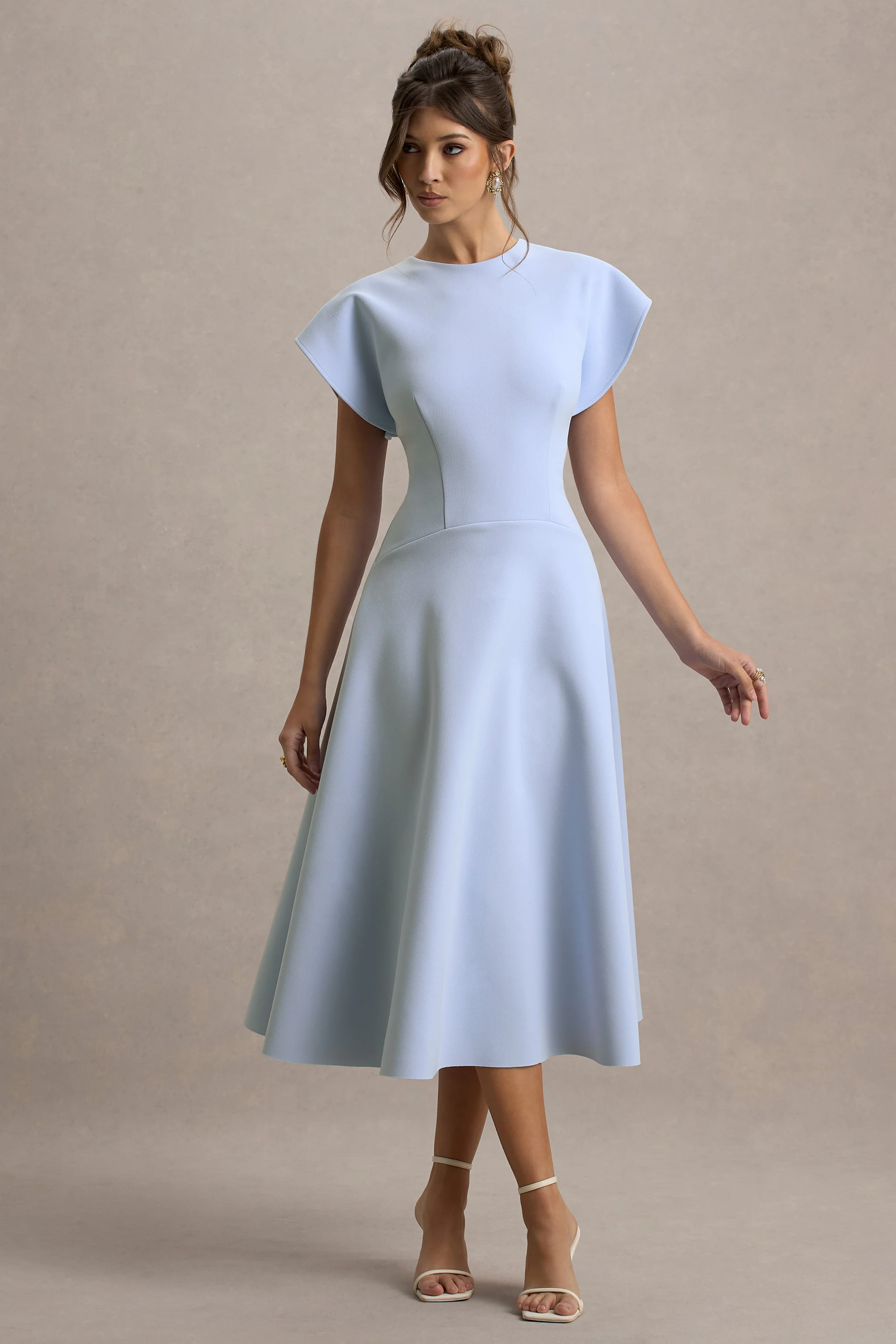 Linda | Powder Blue Crew-Neck Cap-Sleeve Midi Dress