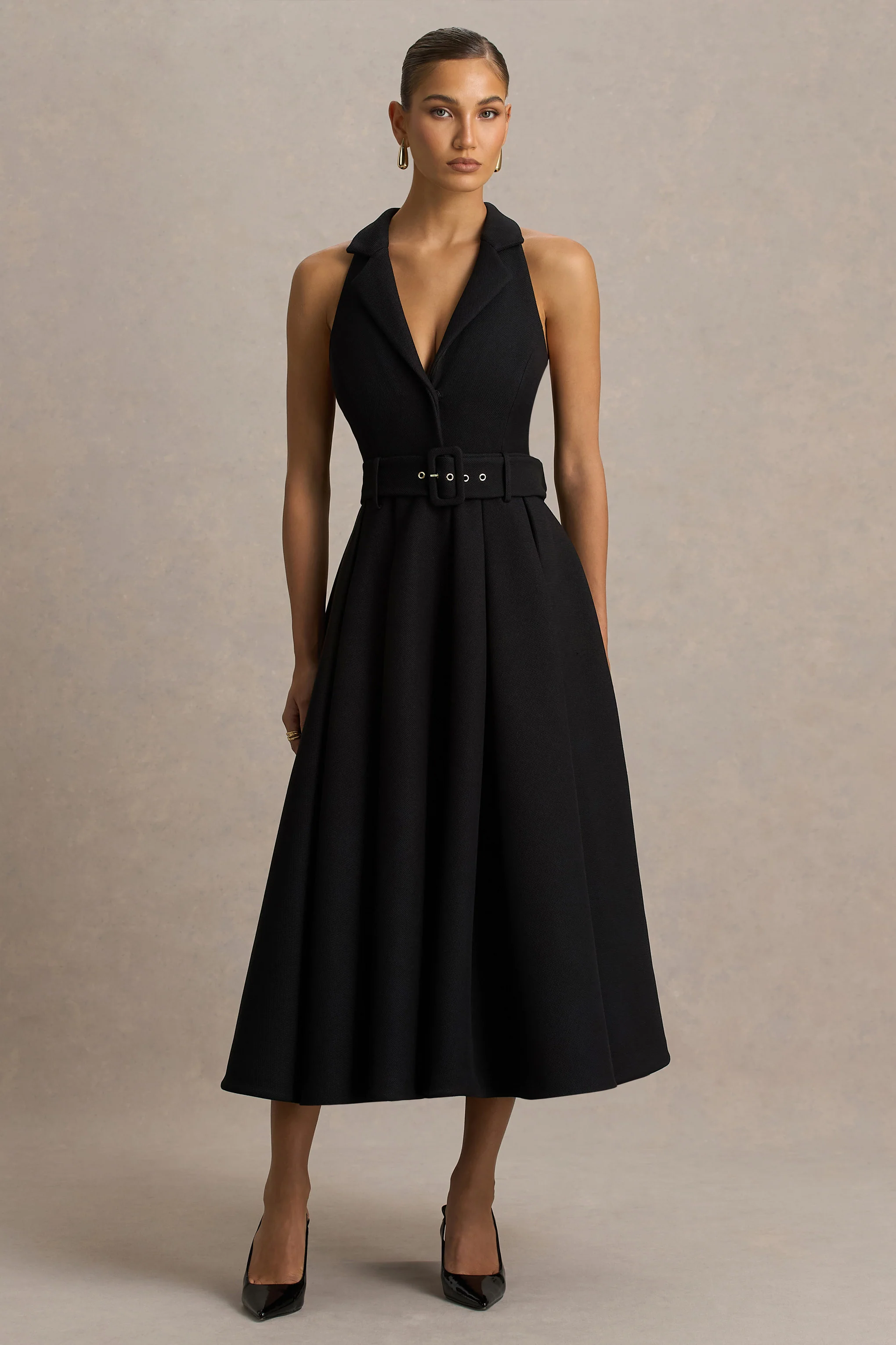 Alessa | Black Plunge-Neck Tailored Midi Dress