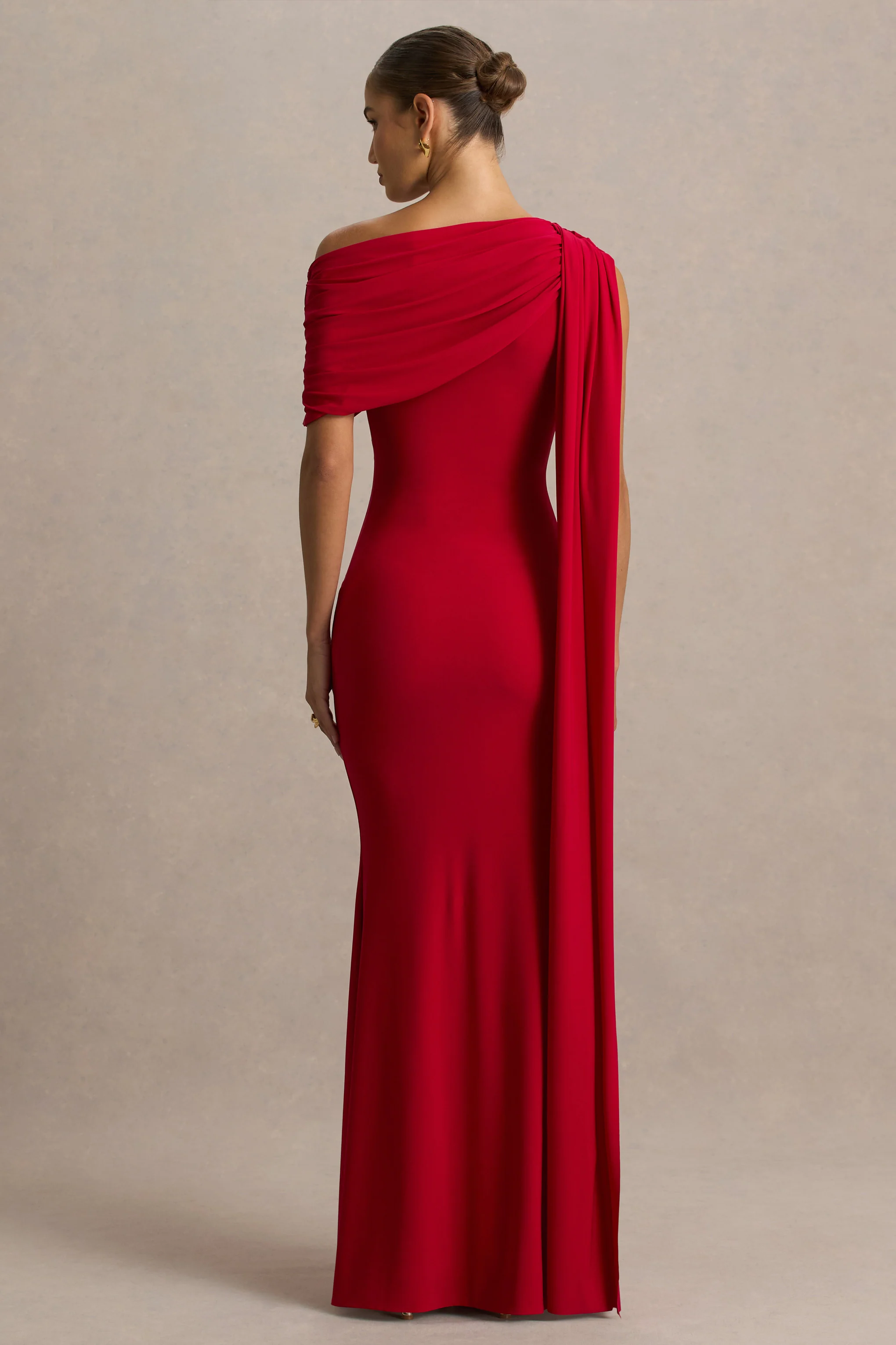 Zendaya | Red Asymmetric-Neck Fishtail Maxi Dress With Cape Detail