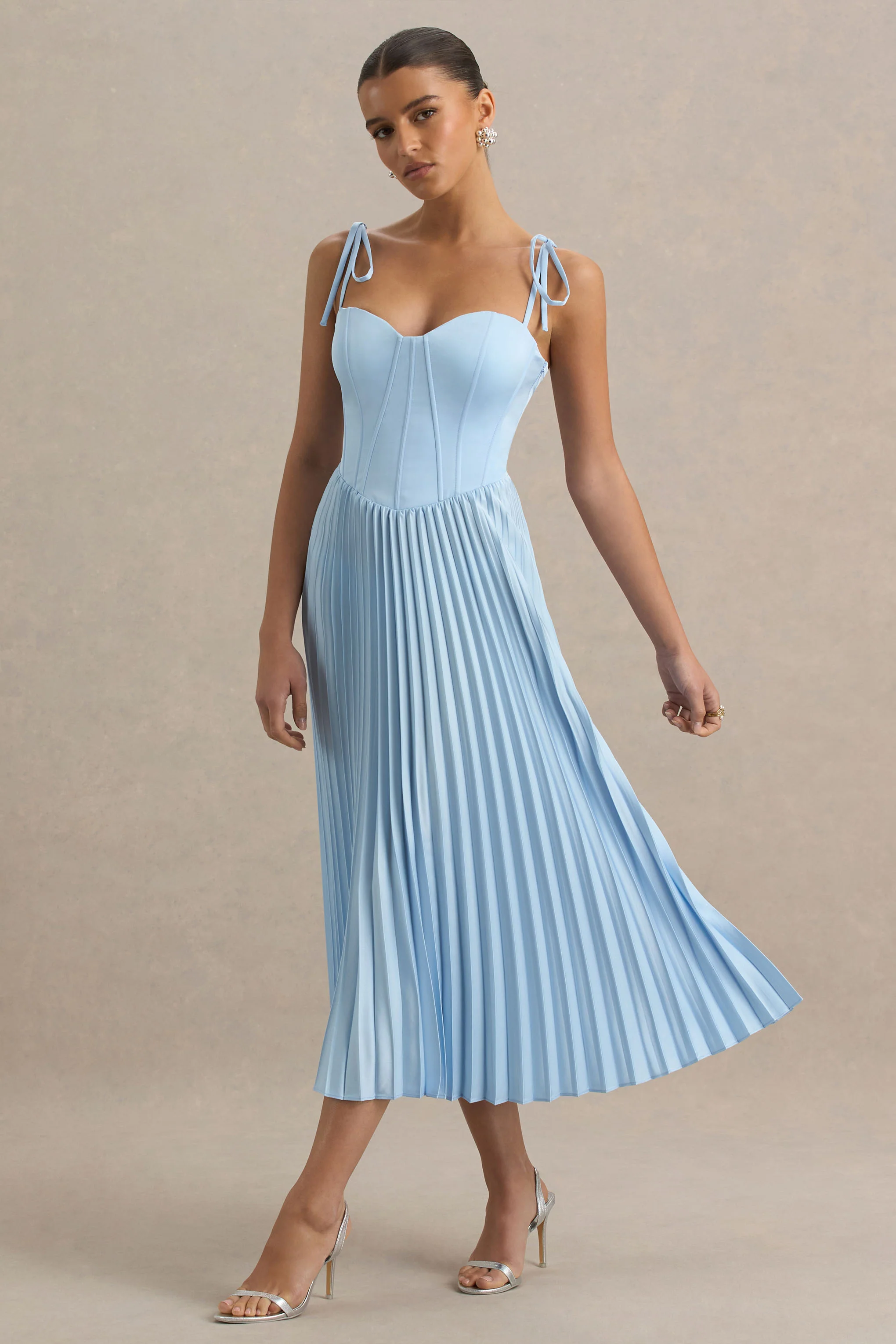 Peyton | Powder Blue Satin Sweetheart-Neck Midi Dress With Pleated Details