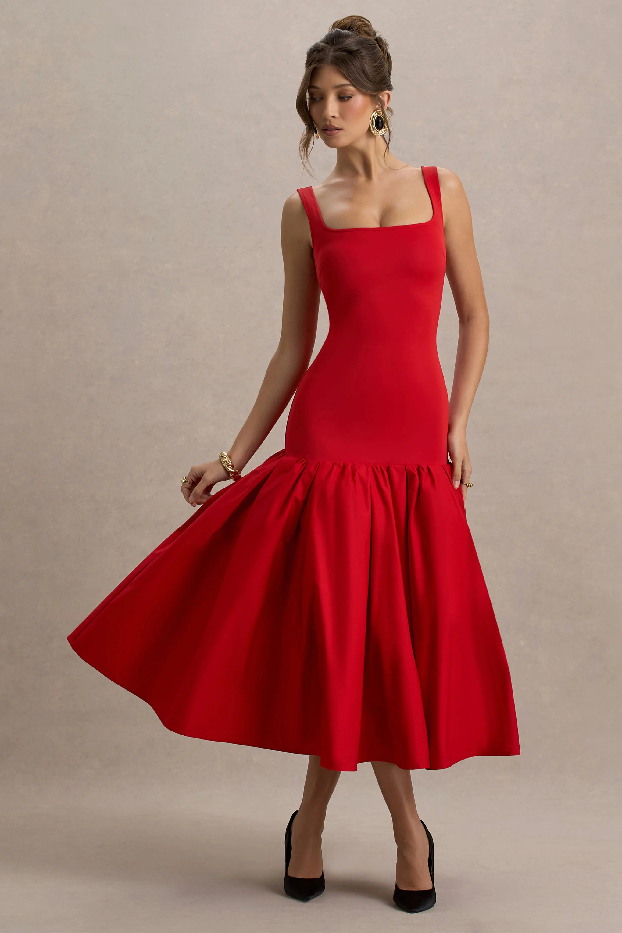 Parida | Red Poplin Drop-Waist Midi Dress With Peplum Hem