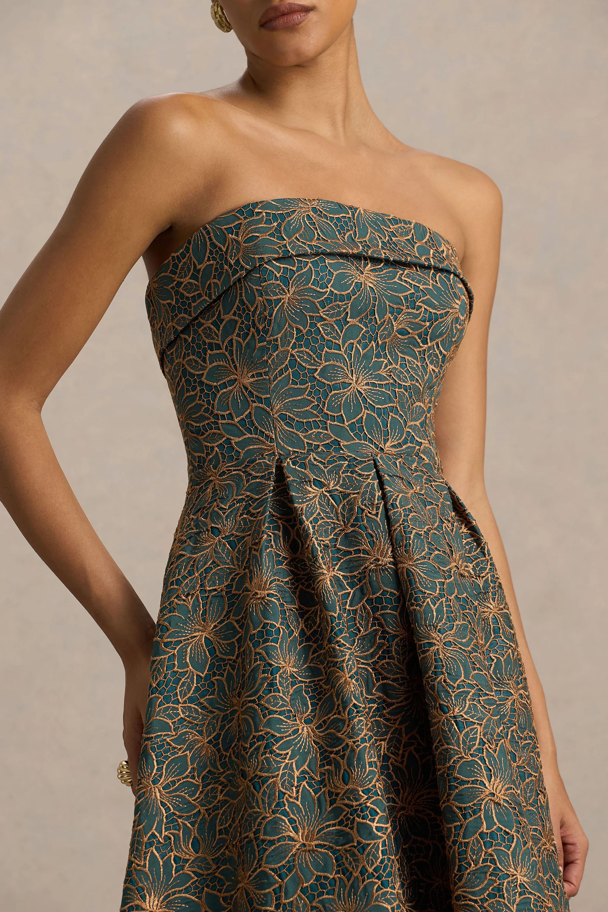 Loretta | Dark Green And Rust Embroidered Bandeau-Neck Midi Dress