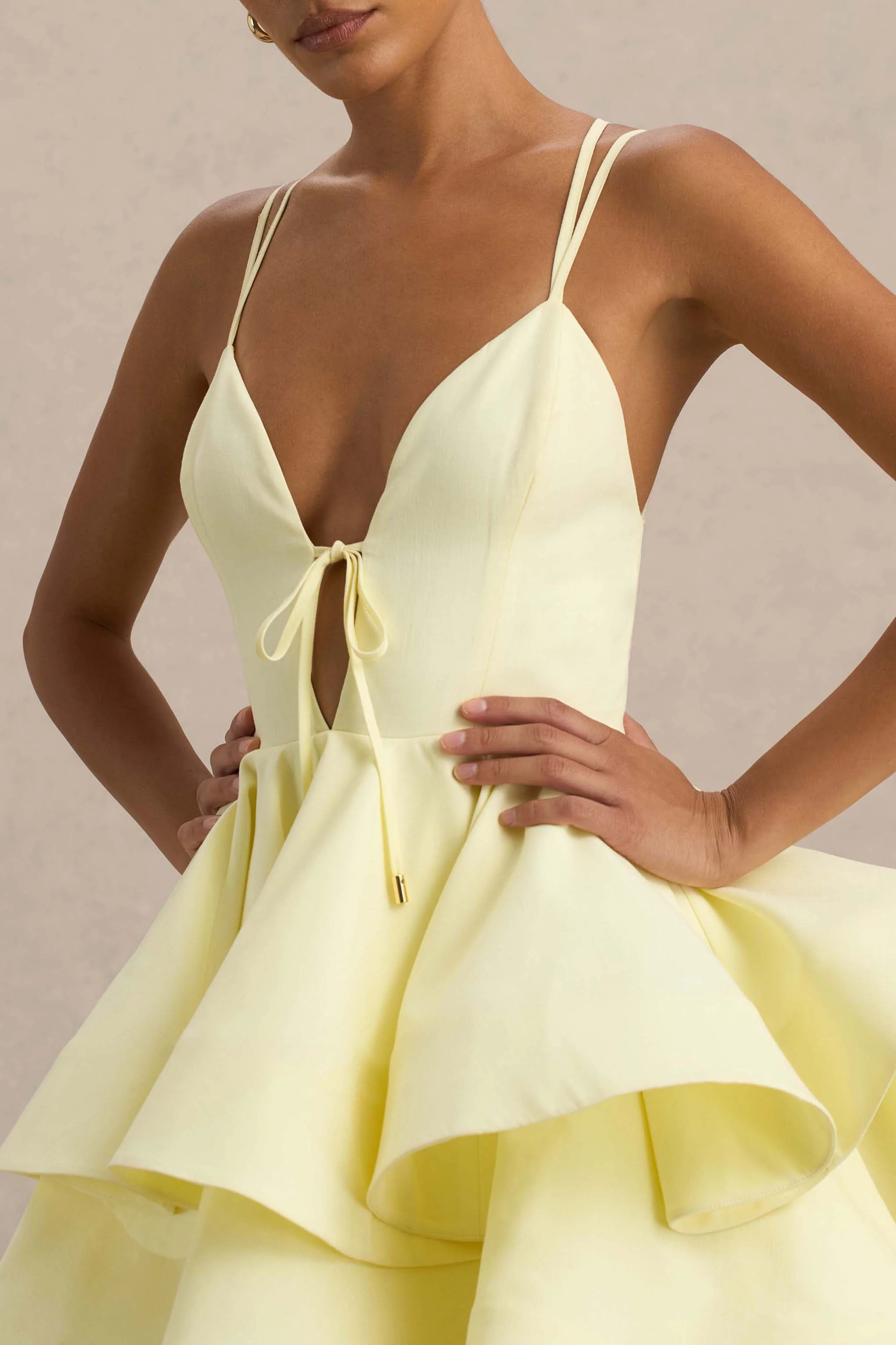 Flavia | Lemon Linen Plunge-Neck Ruffled Skater Micro-Mini Dress