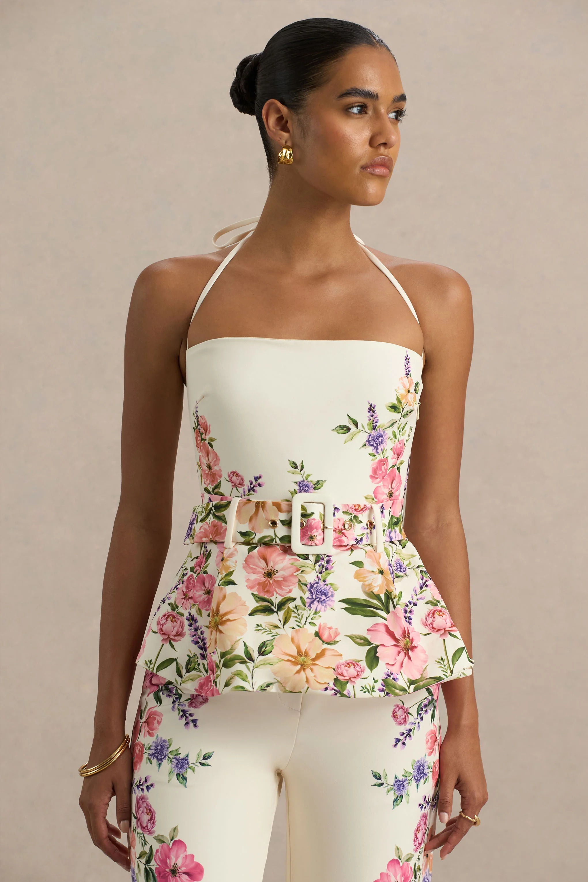 Maud | White Floral Border Print Square-Neck Tailored Top