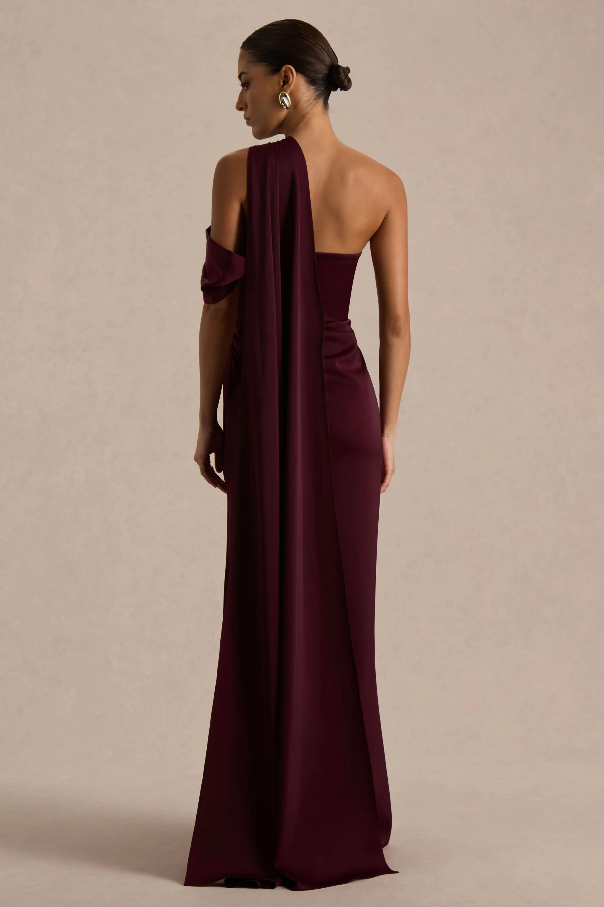 Yazmin | Burgundy Satin Asymmetric Maxi Dress With One-Sleeve Cape
