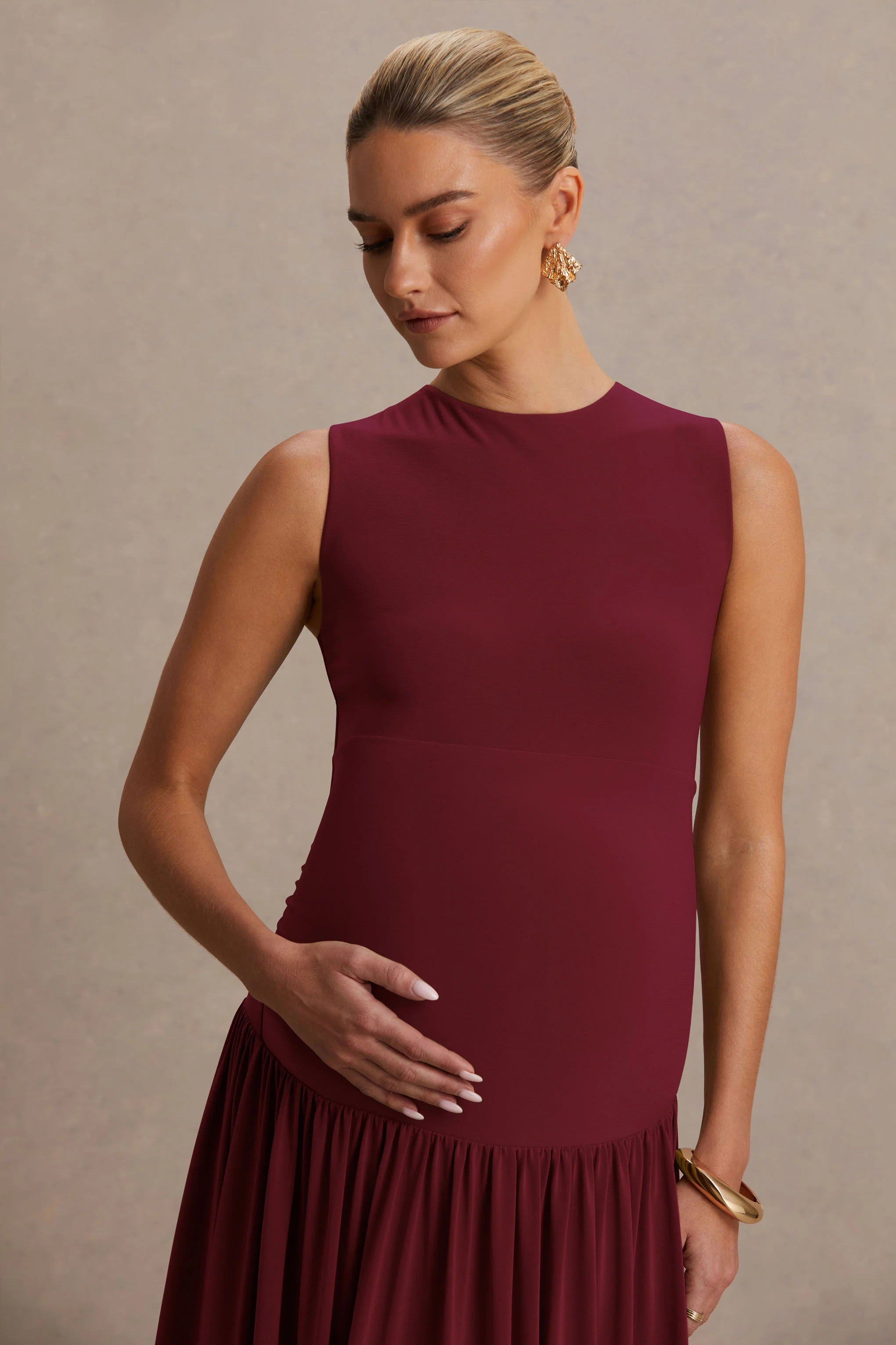 Outline | Burgundy High-Neck Maternity Maxi Dress With Draped Skirt