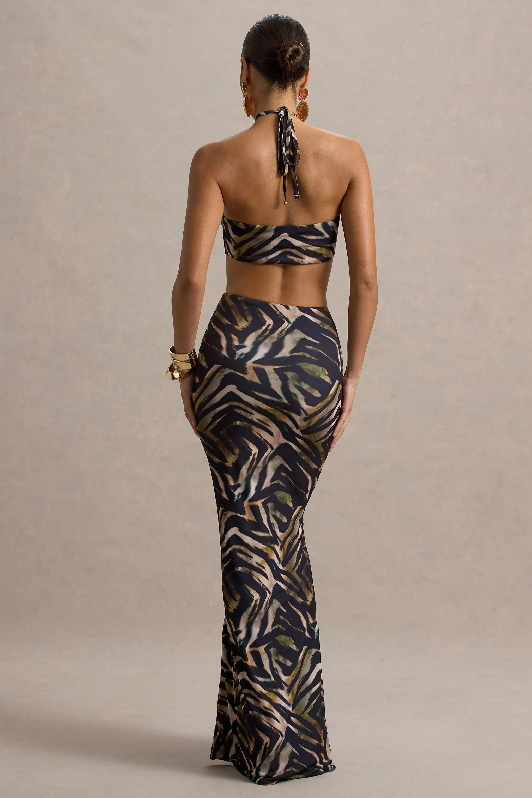 Olina | Zebra Print Halter-Neck Cut-Out Maxi Dress